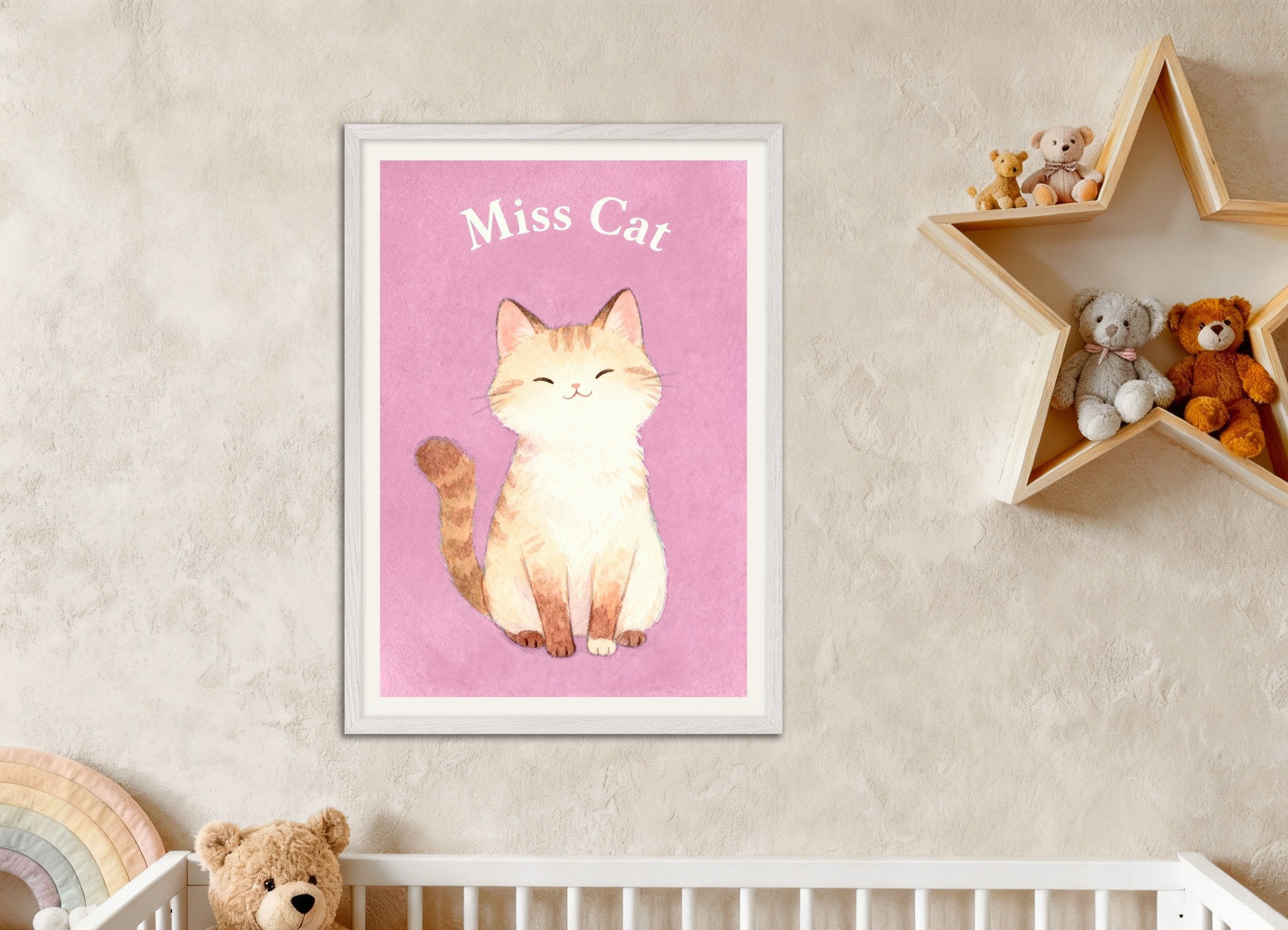 Poster of Nursery cat wall art – Cute animal poster for children’s room, with white wooden frame