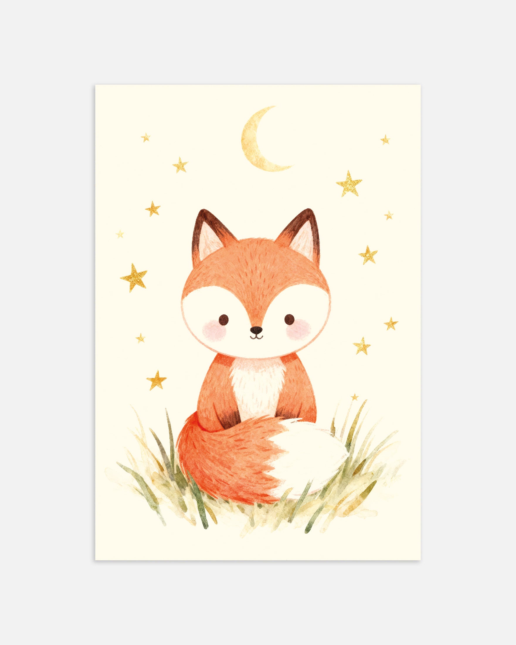 Illustration of a fox sitting in grass with stars and a moon in the background on a light yellow background.