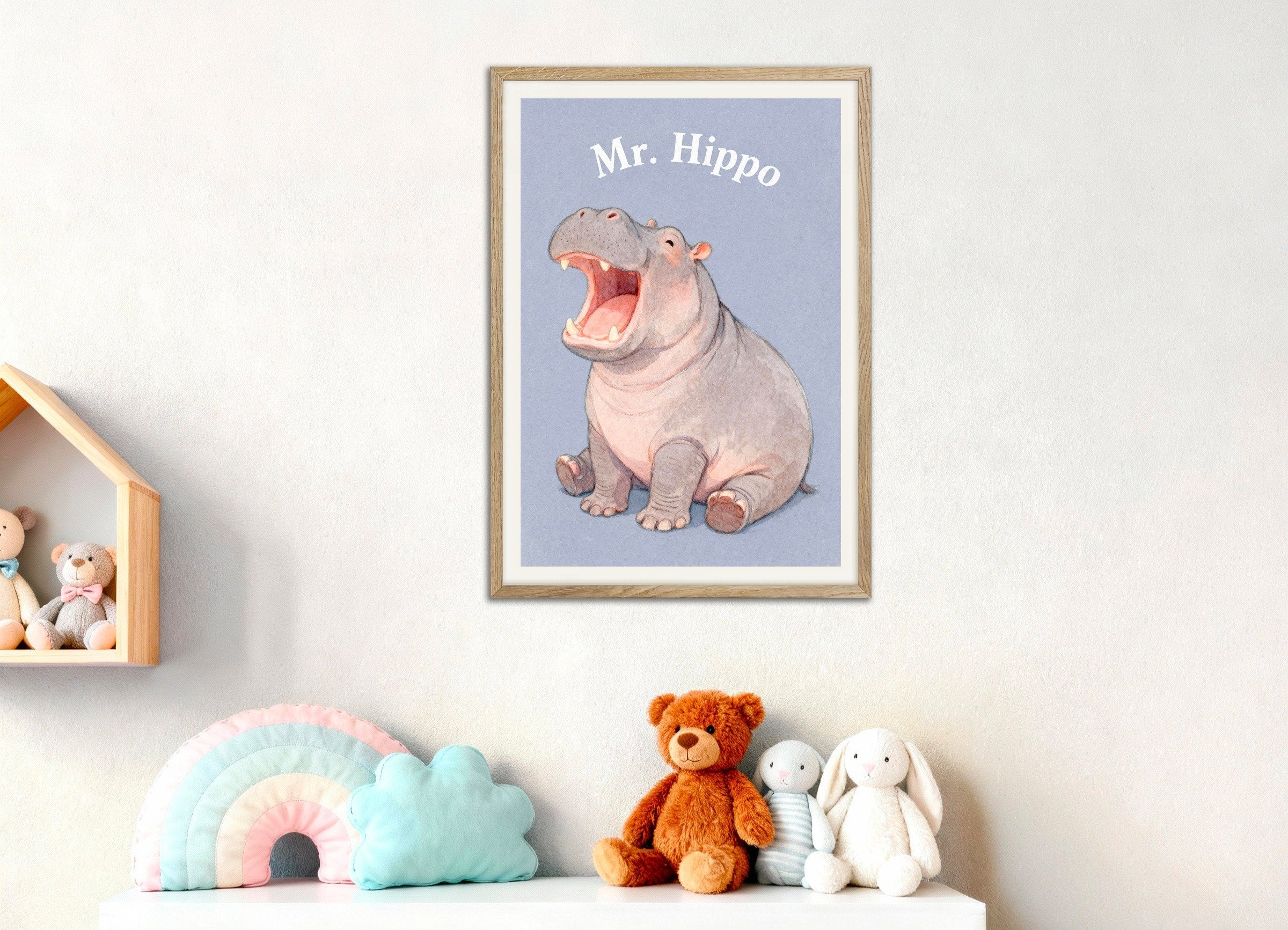 Poster of Nursery hippo wall art – Funny big animal watercolor print for nursery, with natural wooden frame