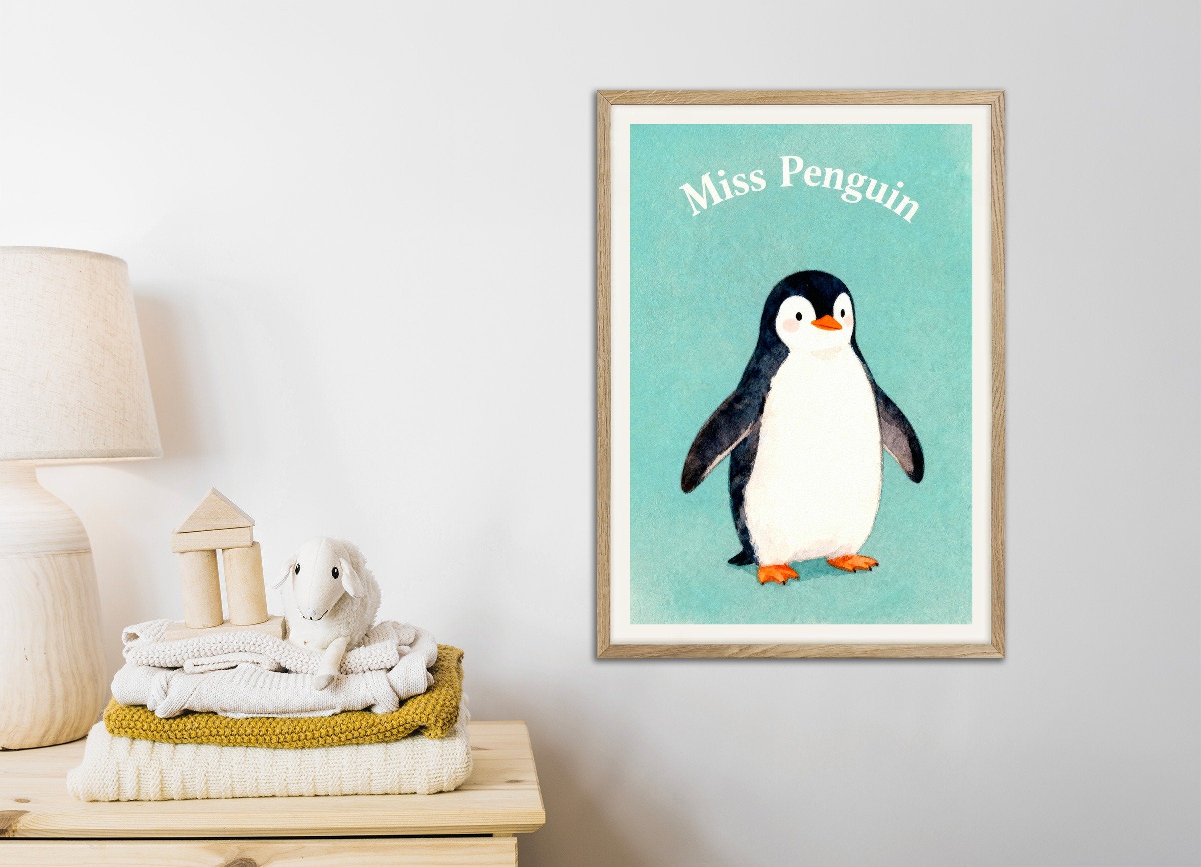 Poster of Nursery penguin wall art – Cute arctic animal watercolor, with natural wooden frame
