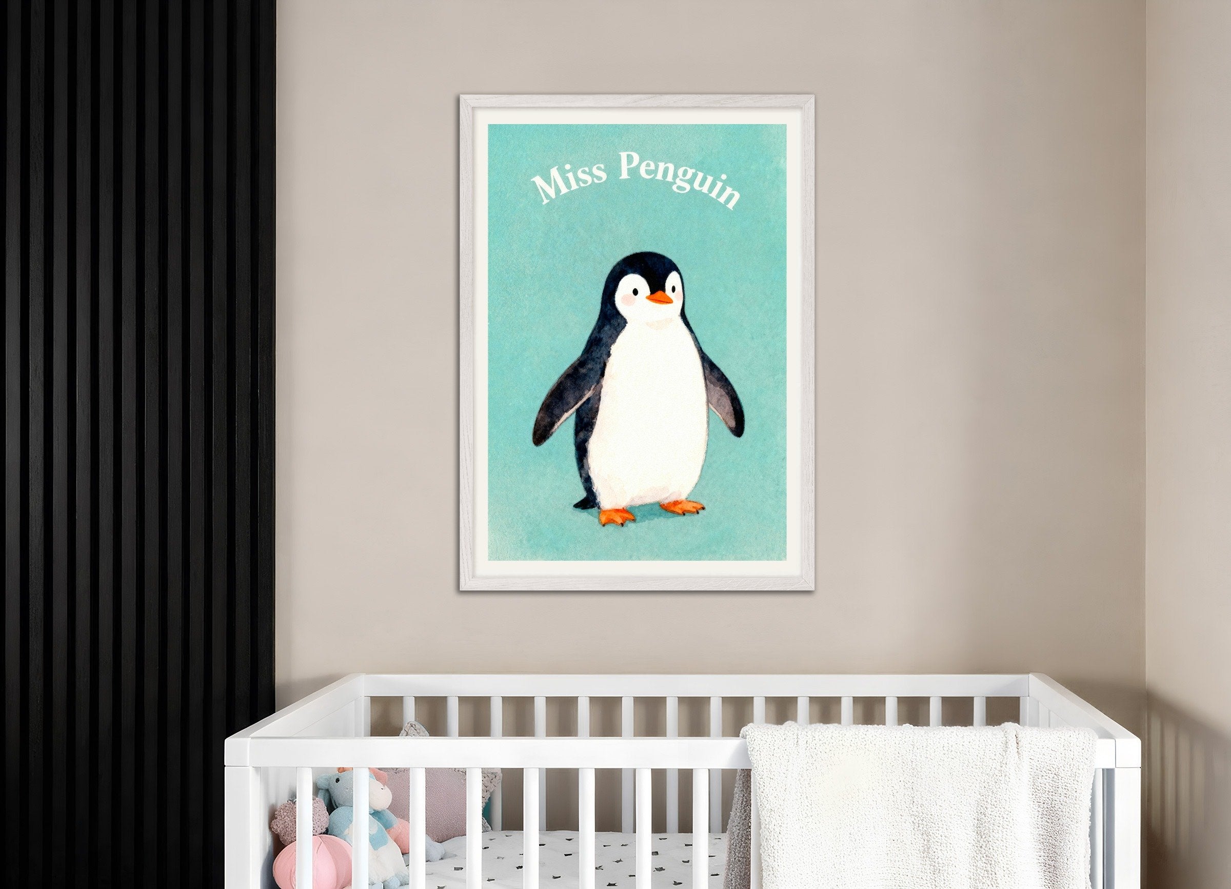 Poster of Nursery penguin wall art – Cute arctic animal watercolor, with white wooden frame