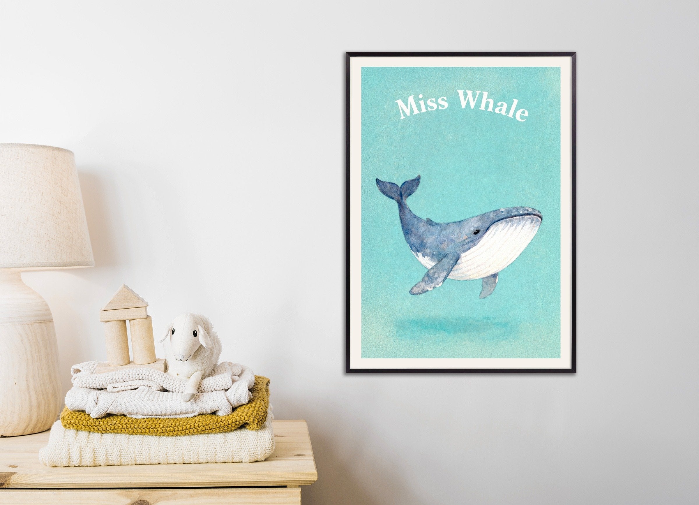Poster of Nursery whale wall art – Ocean giant watercolor, with metal frame
