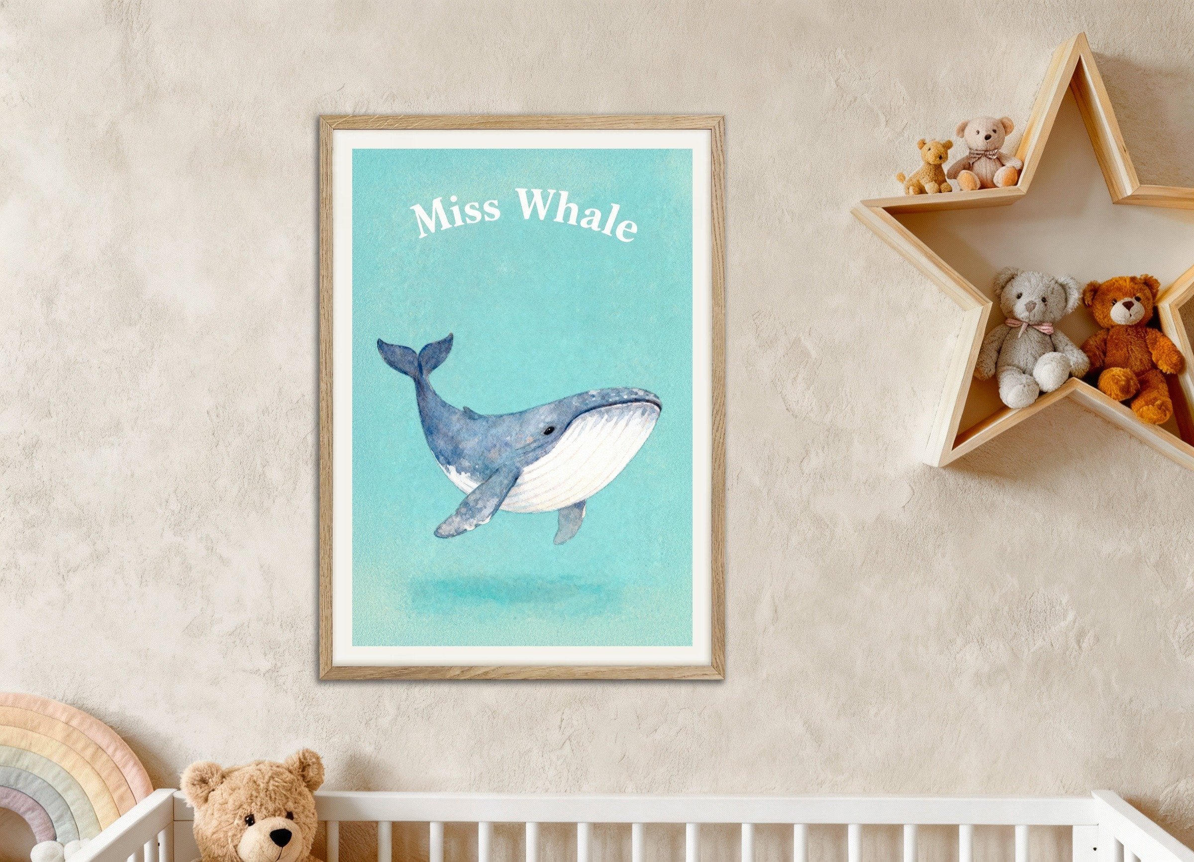 Poster of Nursery whale wall art – Ocean giant watercolor, with natural wooden frame