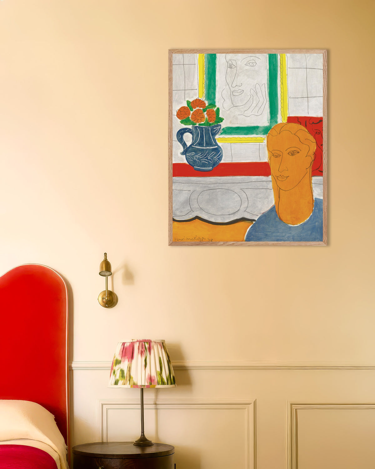 Poster de Cabeça ocre (Figura e ramo de flores) (1937), de Henri Matisse, com moldura de madeira natural