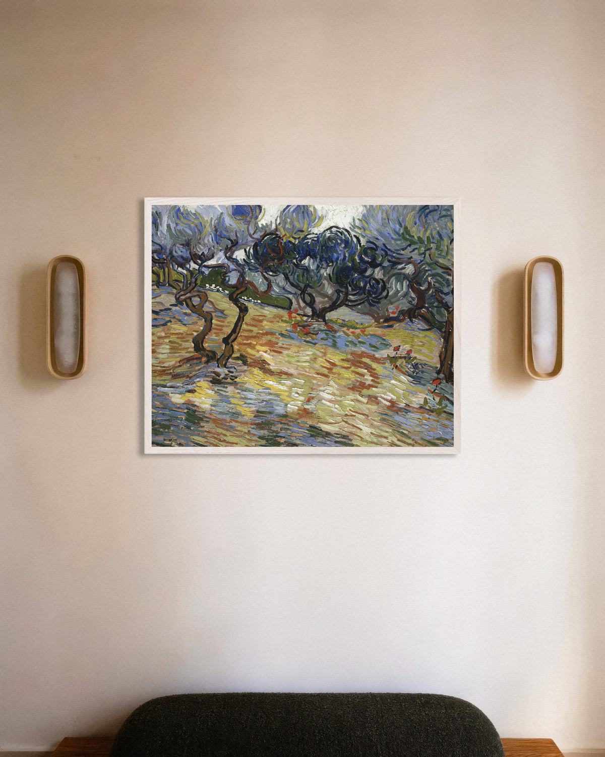 Poster Oliveiras (1889), de Vincent van Gogh, com moldura de madeira branca