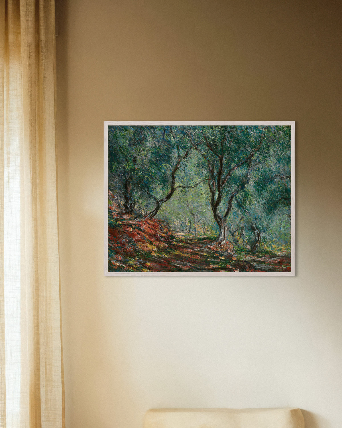 Poster Olival no Jardim Moreno (1884), de Claude Monet, com moldura de madeira branca