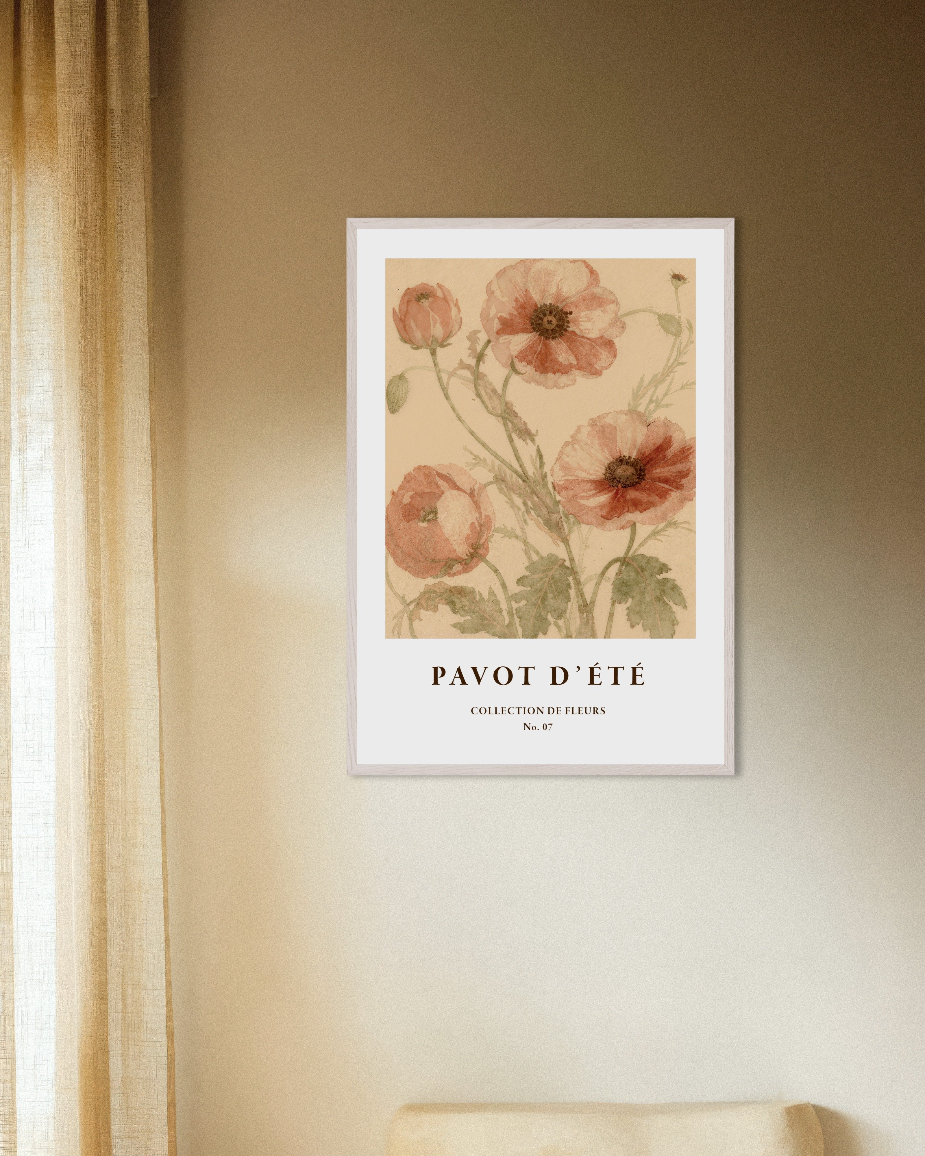Poster of "Pavot d’Été" Botanical Poster, Summer Poppies No. 07, with white wooden frame