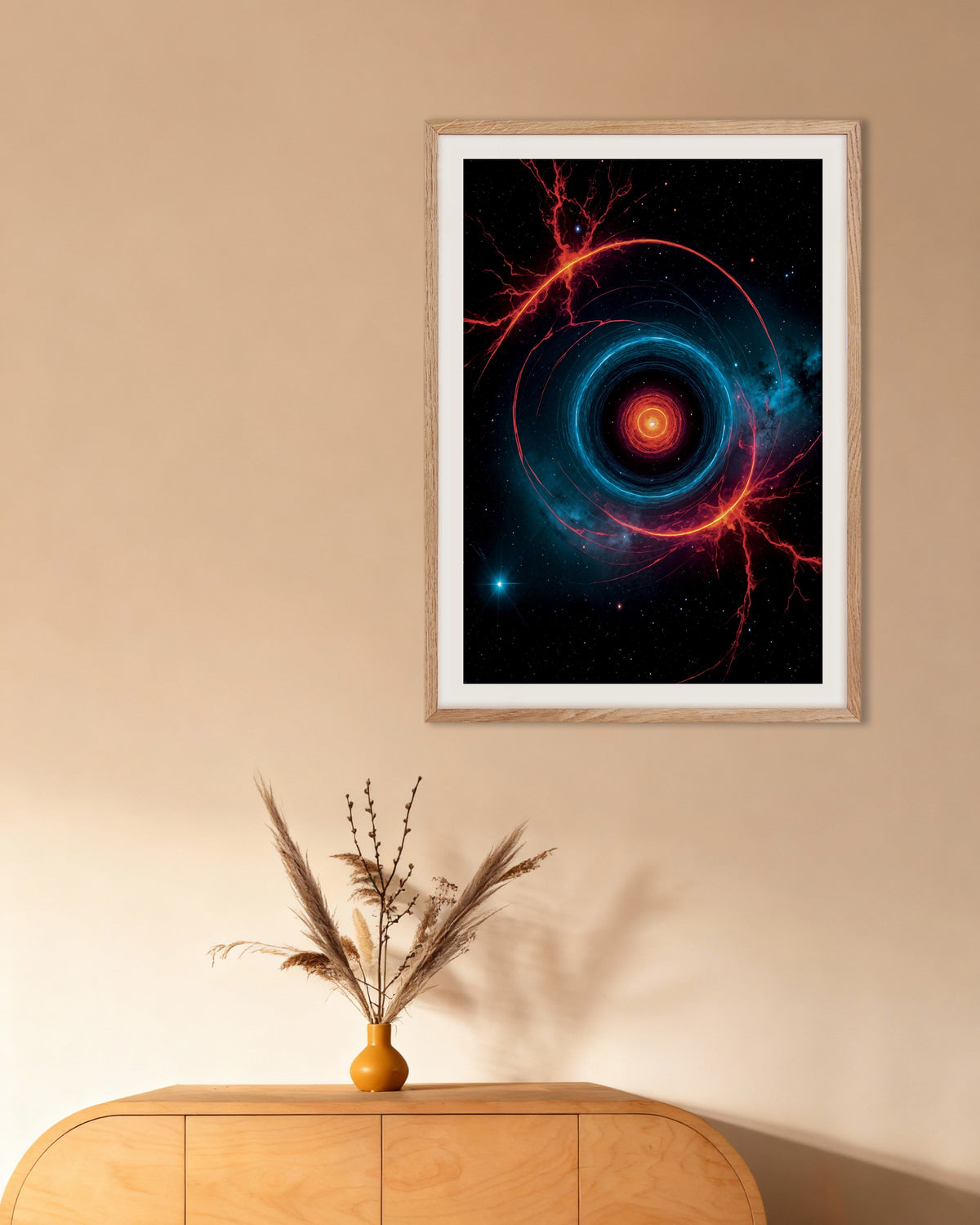 Poster de Neon luminescente de laboratório fotográfico, fenómeno espacial, poster, com moldura de madeira natural