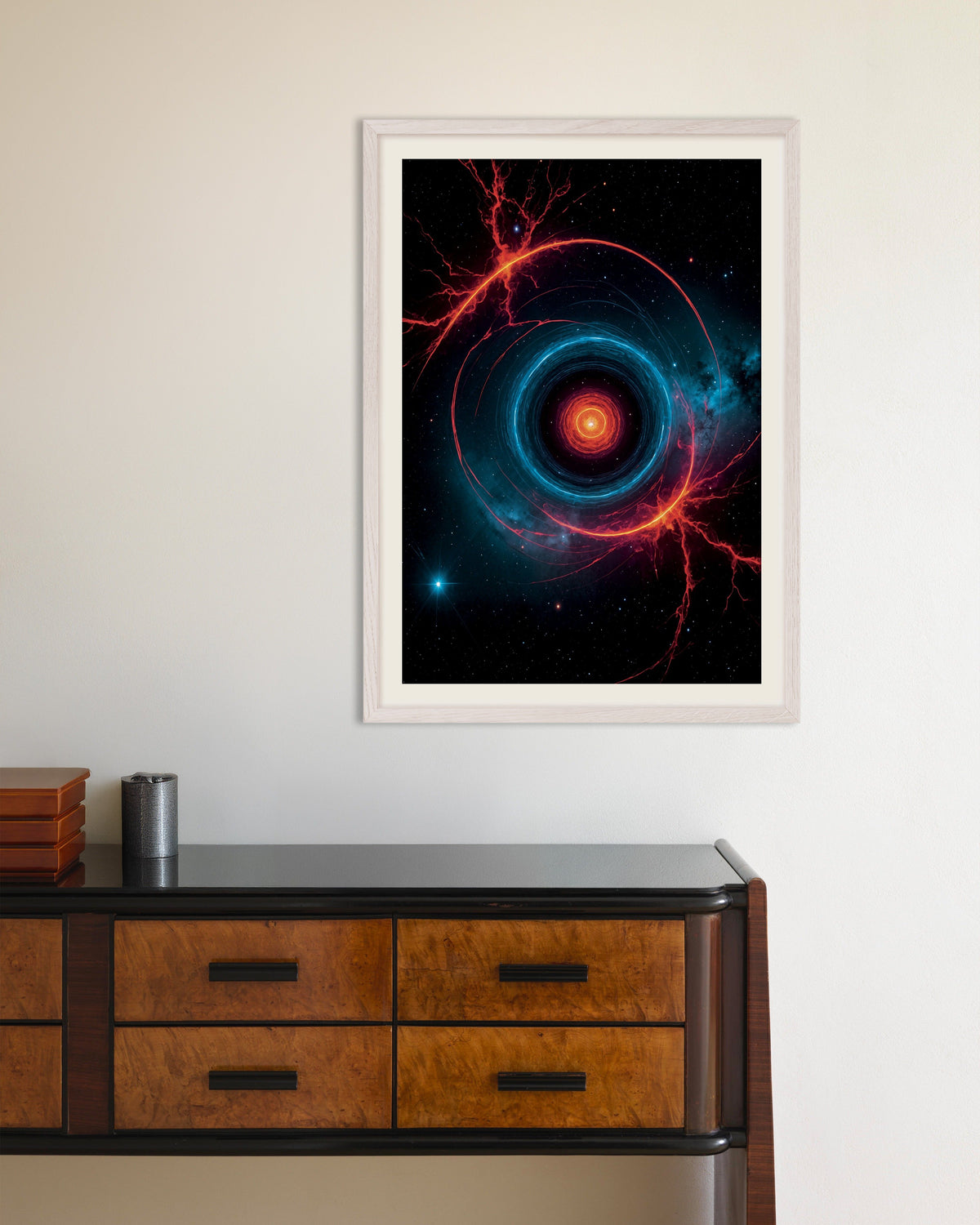 Poster de Neon luminescente de laboratório fotográfico, fenómeno espacial, poster, com moldura de madeira branca