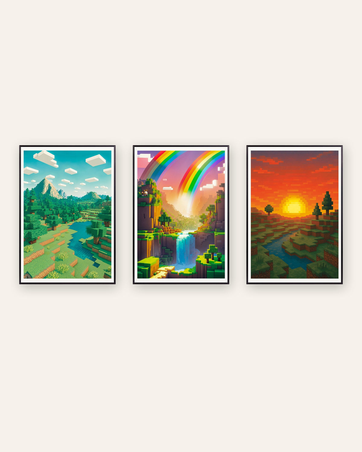 Posters pixel art de paisagens, conjunto de 3: montanha, vale arco-íris e pôr do sol, com molduras de metal preto