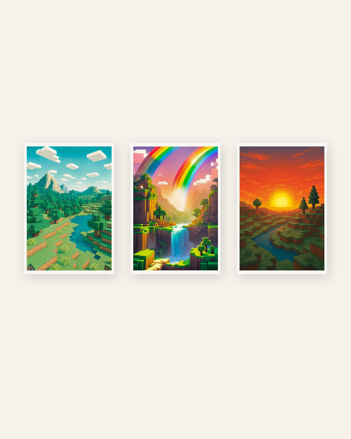 Posters pixel art de paisagens, conjunto de 3: montanha, vale arco-íris e pôr do sol, sem moldura