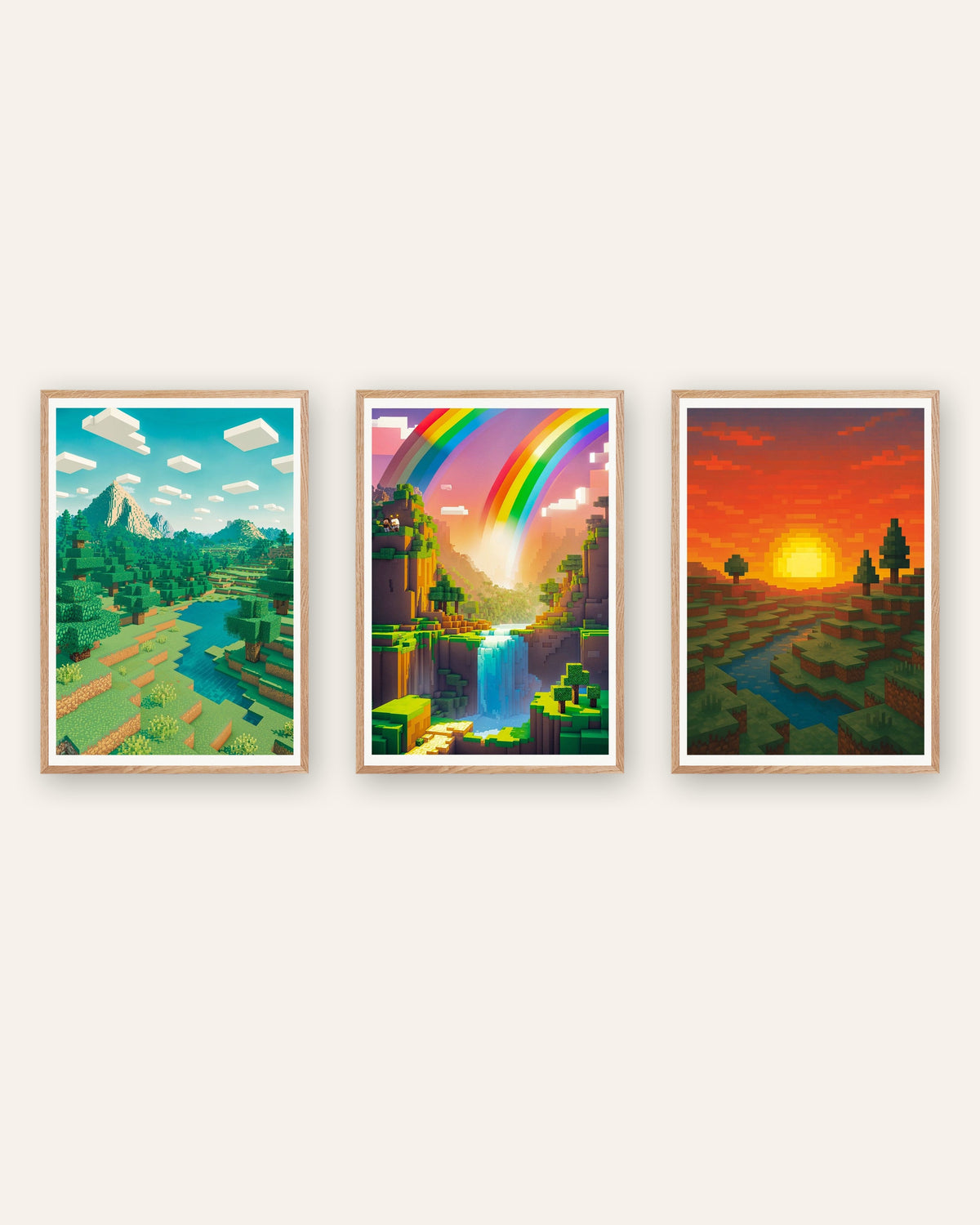 Posters pixel art de paisagens, conjunto de 3: montanha, vale arco-íris e pôr do sol, com molduras de carvalho natural
