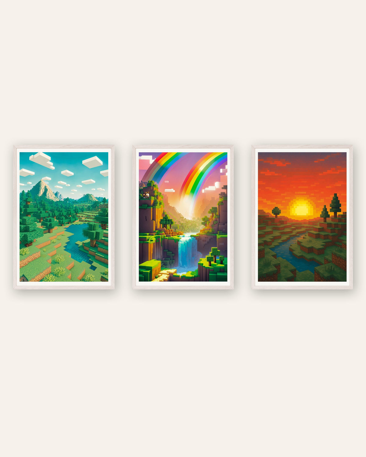 Posters pixel art de paisagens, conjunto de 3: montanha, vale arco-íris e pôr do sol, com molduras de carvalho branco