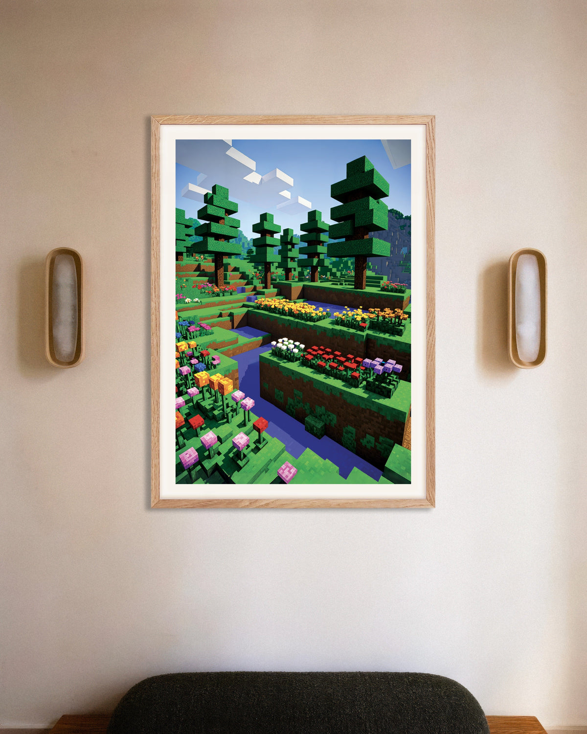 Poster Flores Pixelizadas, com moldura de madeira natural