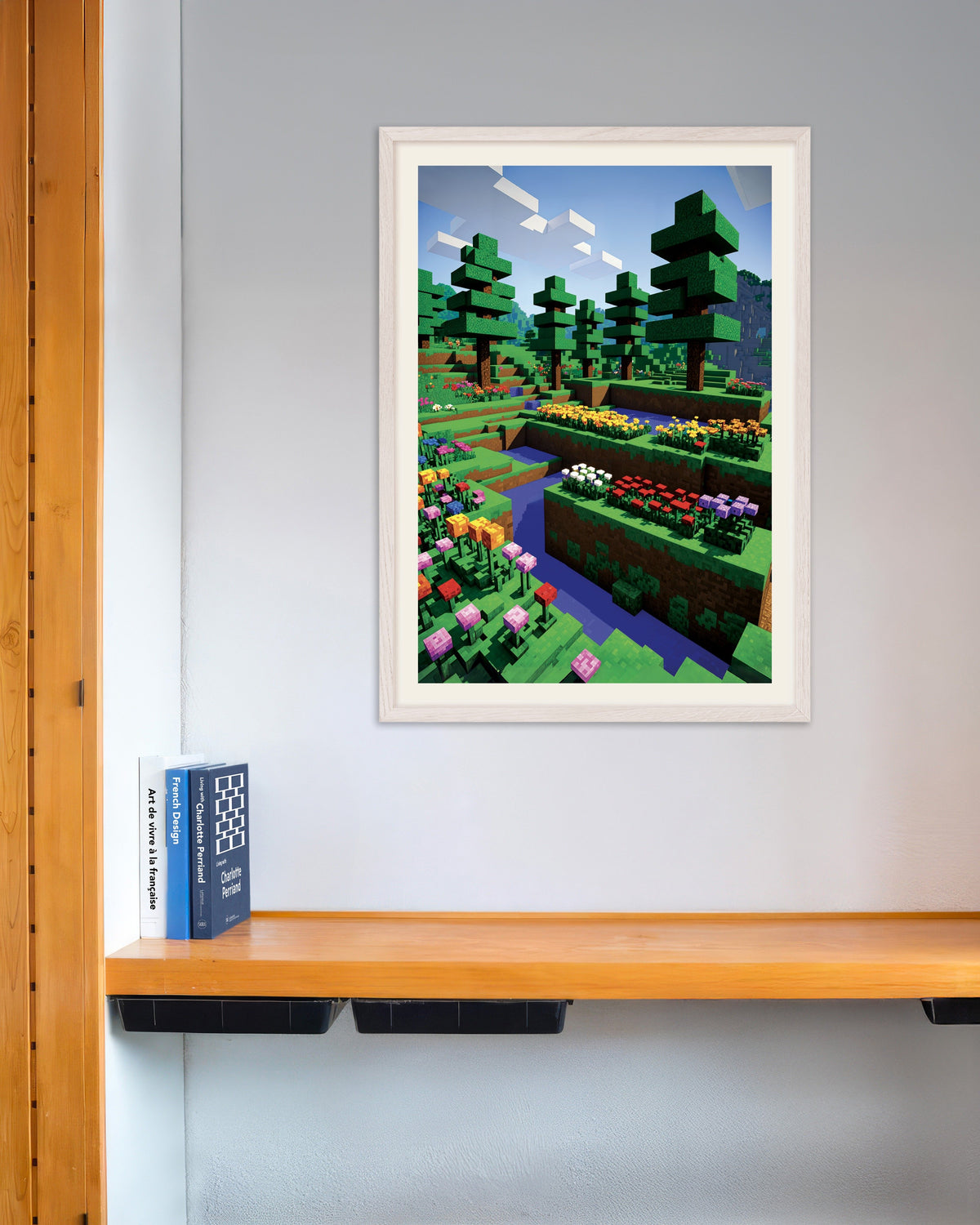 Poster Flores Pixelizadas, com moldura de madeira branca