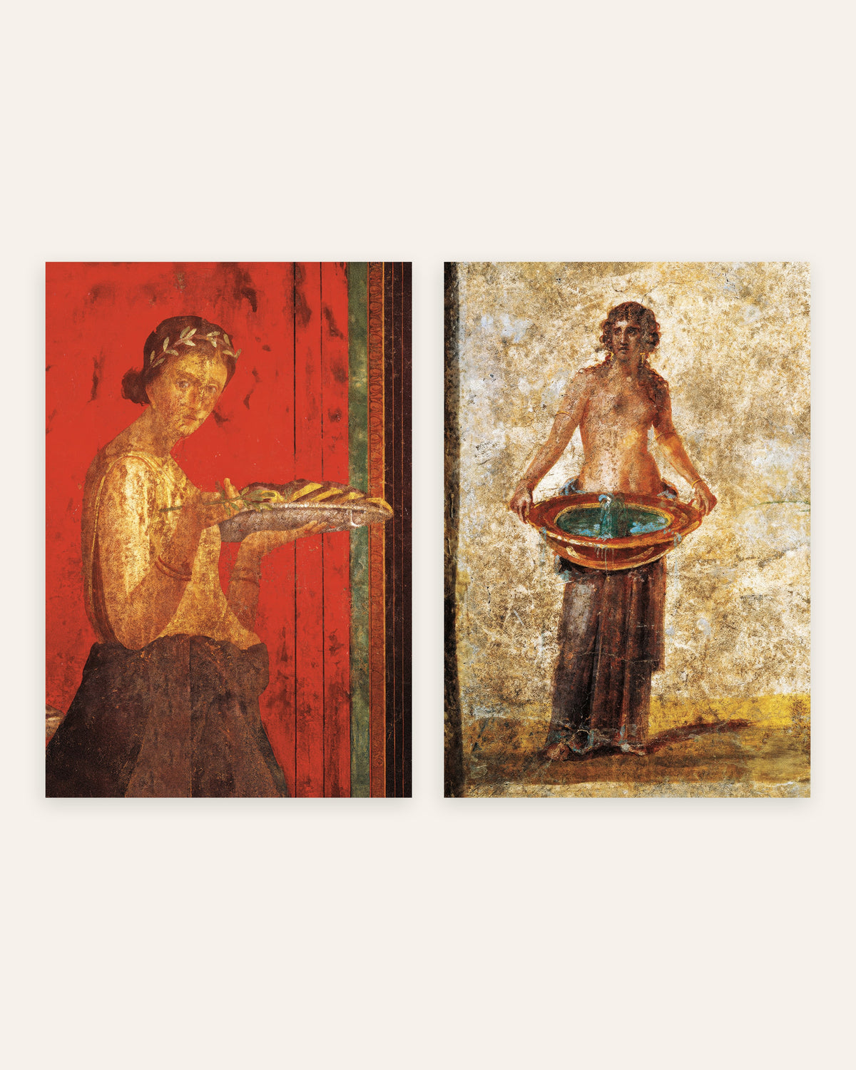 Posters de frescos de Pompeia, conjunto de 2: coroa de louros e bacia de água, sem moldura