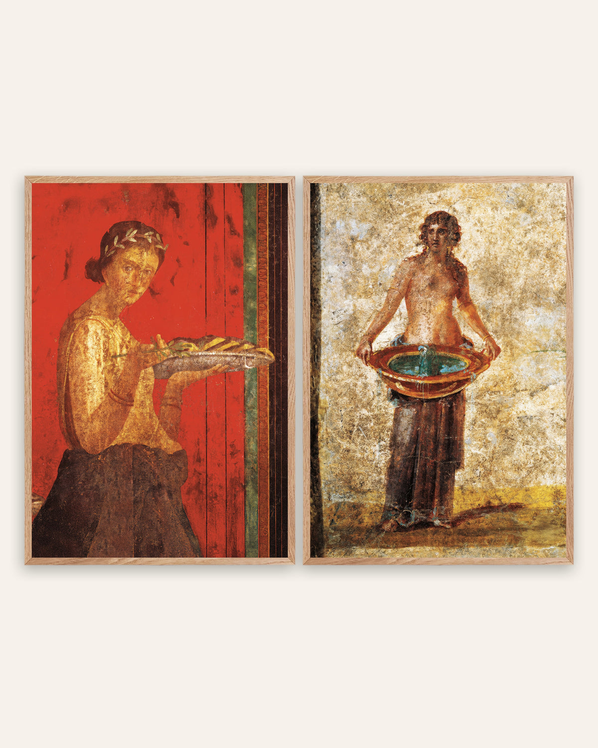 Posters de frescos de Pompeia, conjunto de 2: coroa de louros e bacia de água, com molduras de carvalho natural