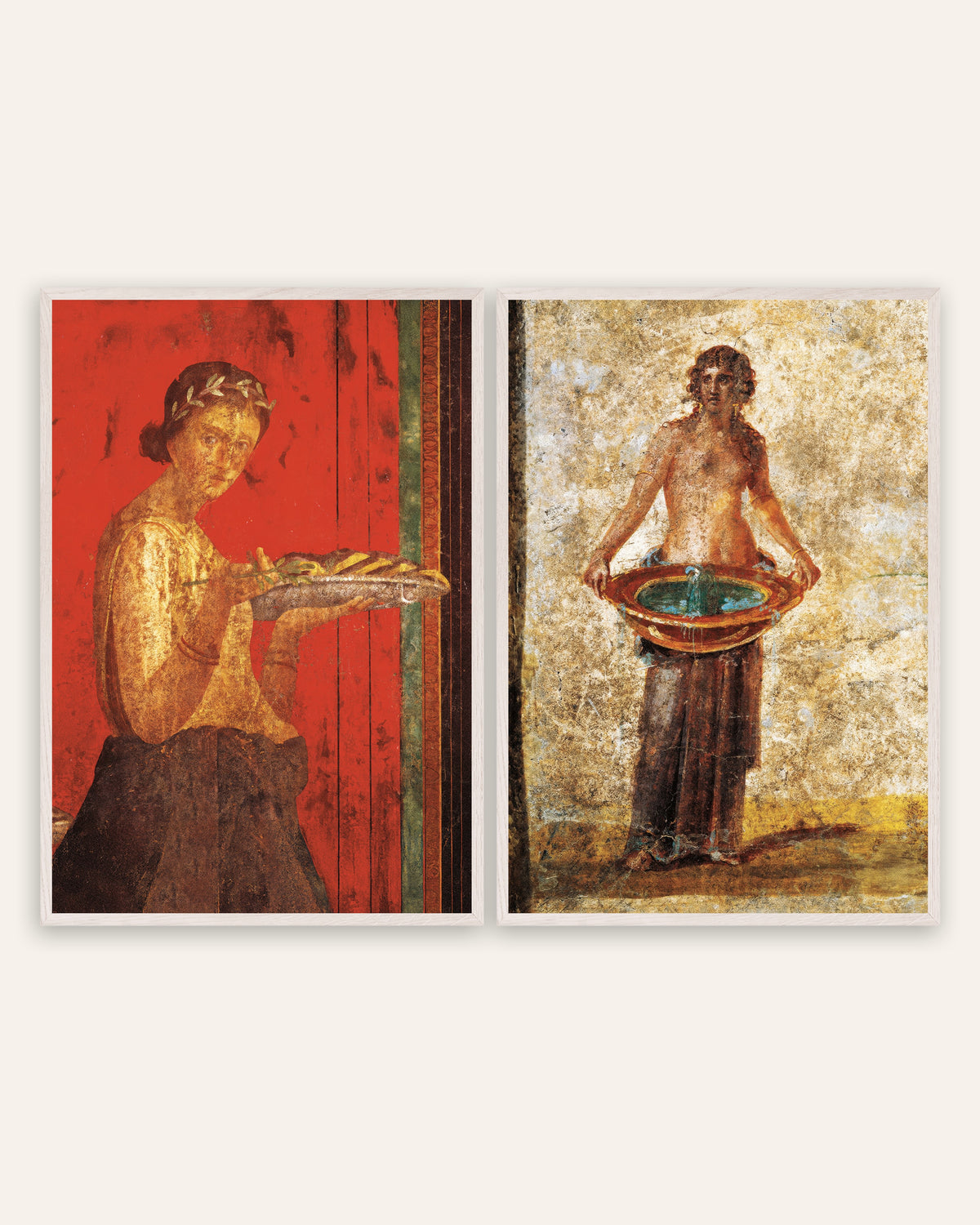 Posters de frescos de Pompeia, conjunto de 2: coroa de louros e bacia de água, com molduras de carvalho branco