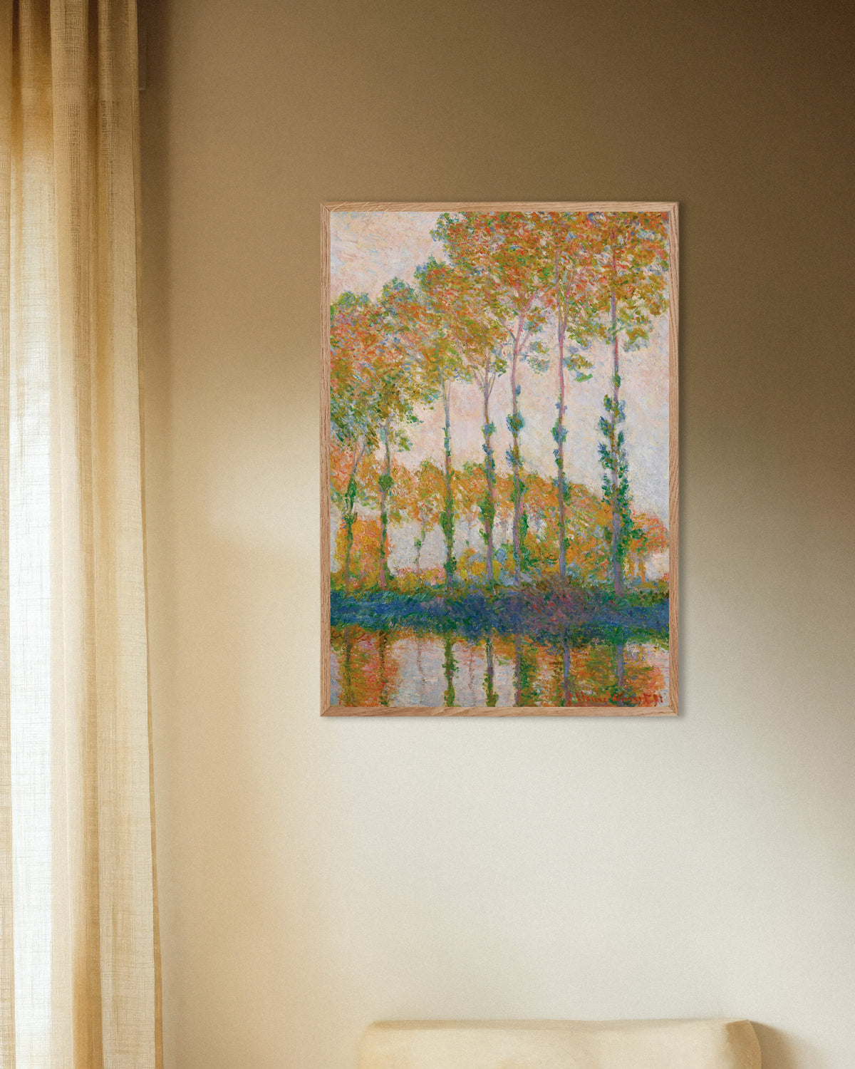 Poster Choupos nas Margens do Epte, Outono (1891), de Claude Monet, com moldura de madeira natural