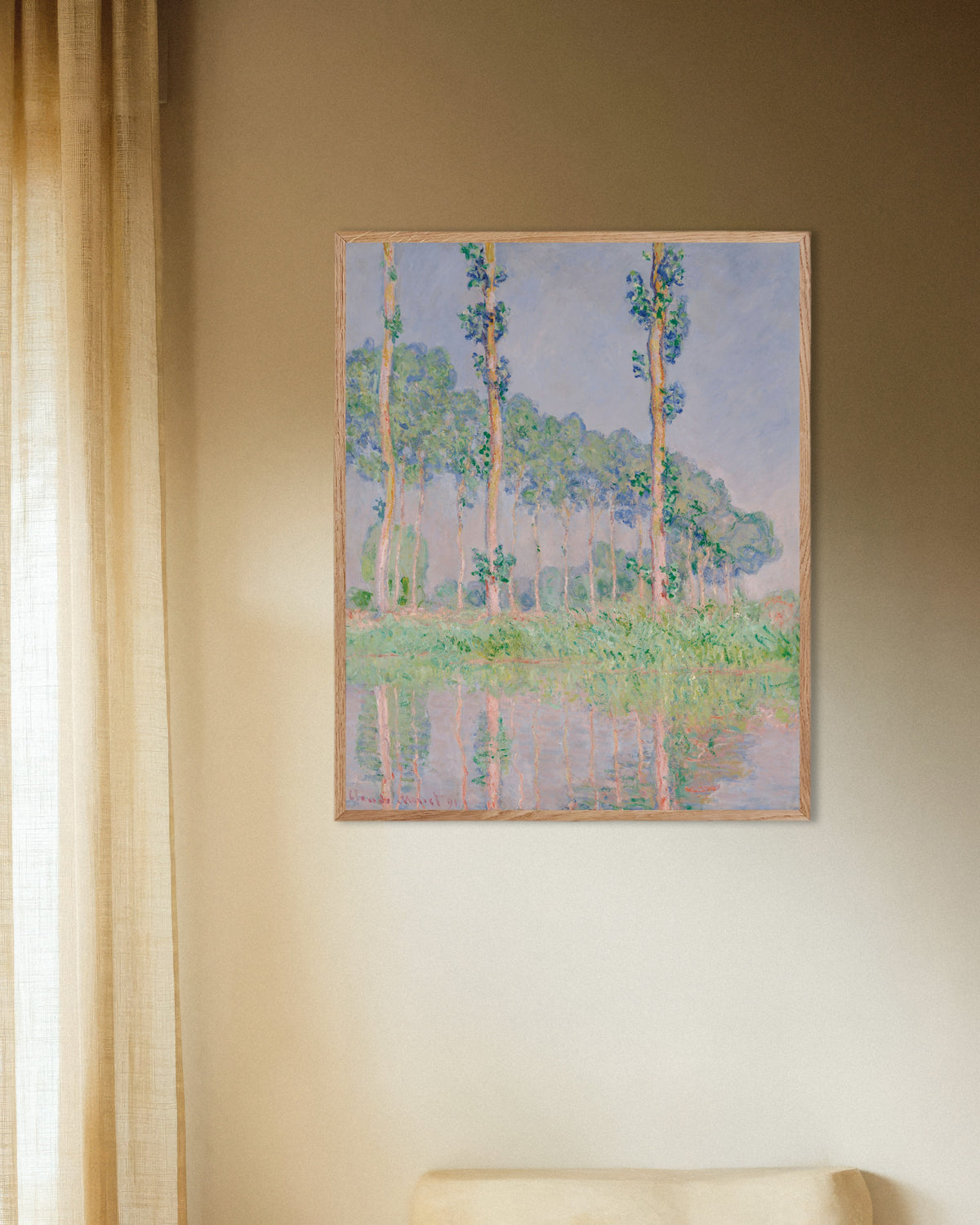 Poster Choupos, Efeito Rosa (1891), de Claude Monet, com moldura de madeira natural