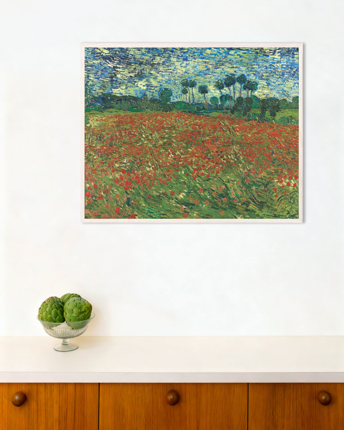 Poster de Campo de Papoulas (1890), de Vincent van Gogh, com moldura de madeira branca