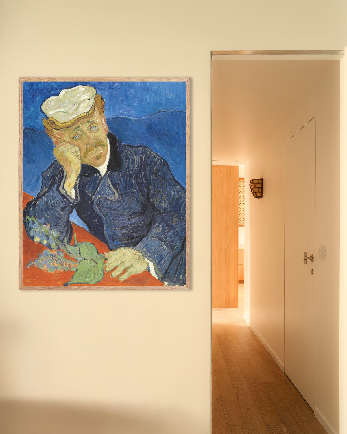 Poster de Retrato do Dr. Paul Gachet (1890), de Vincent van Gogh, com moldura de madeira natural