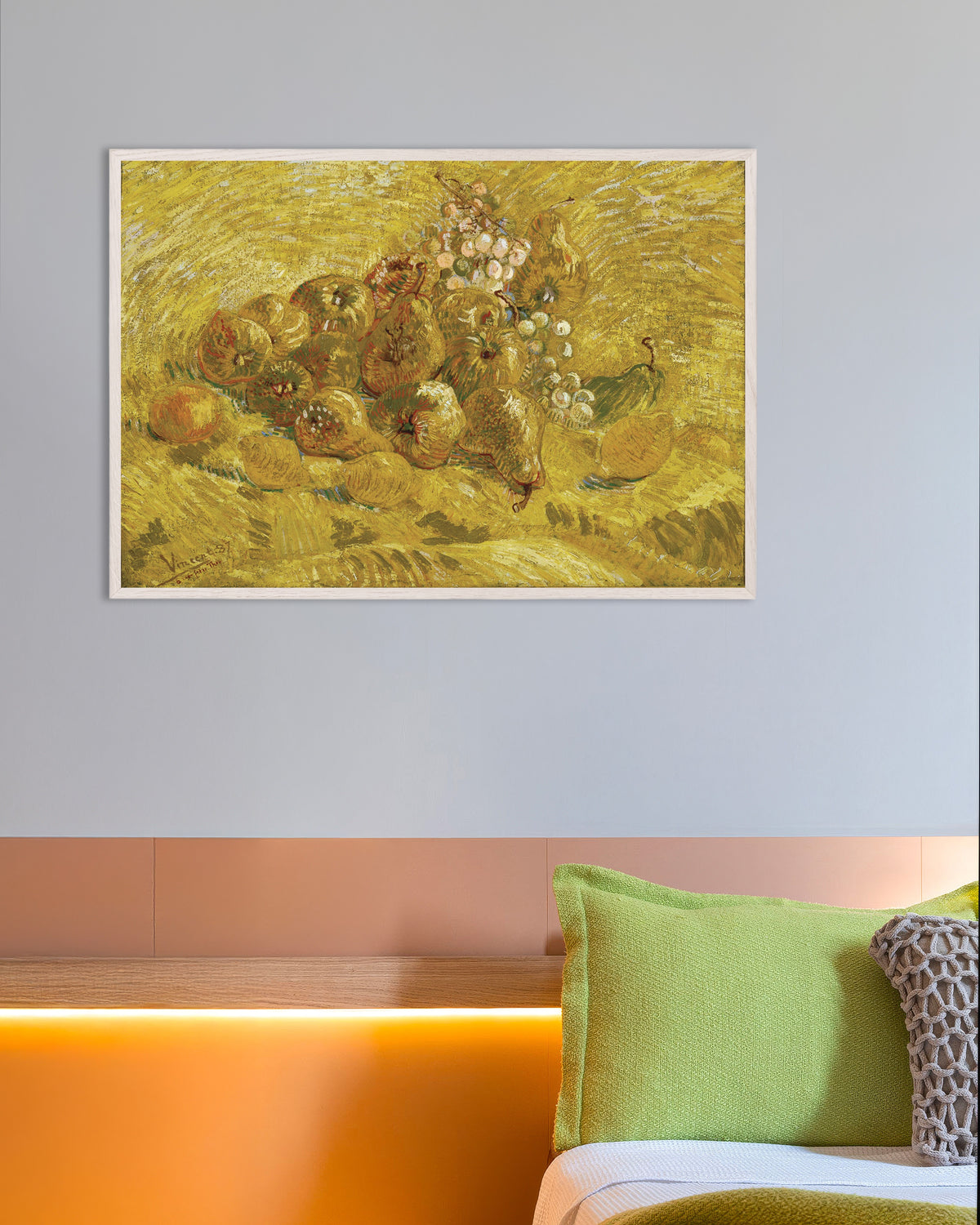 Poster de Marmelos, limões, peras e uvas (1887), de Vincent van Gogh, com moldura de madeira branca