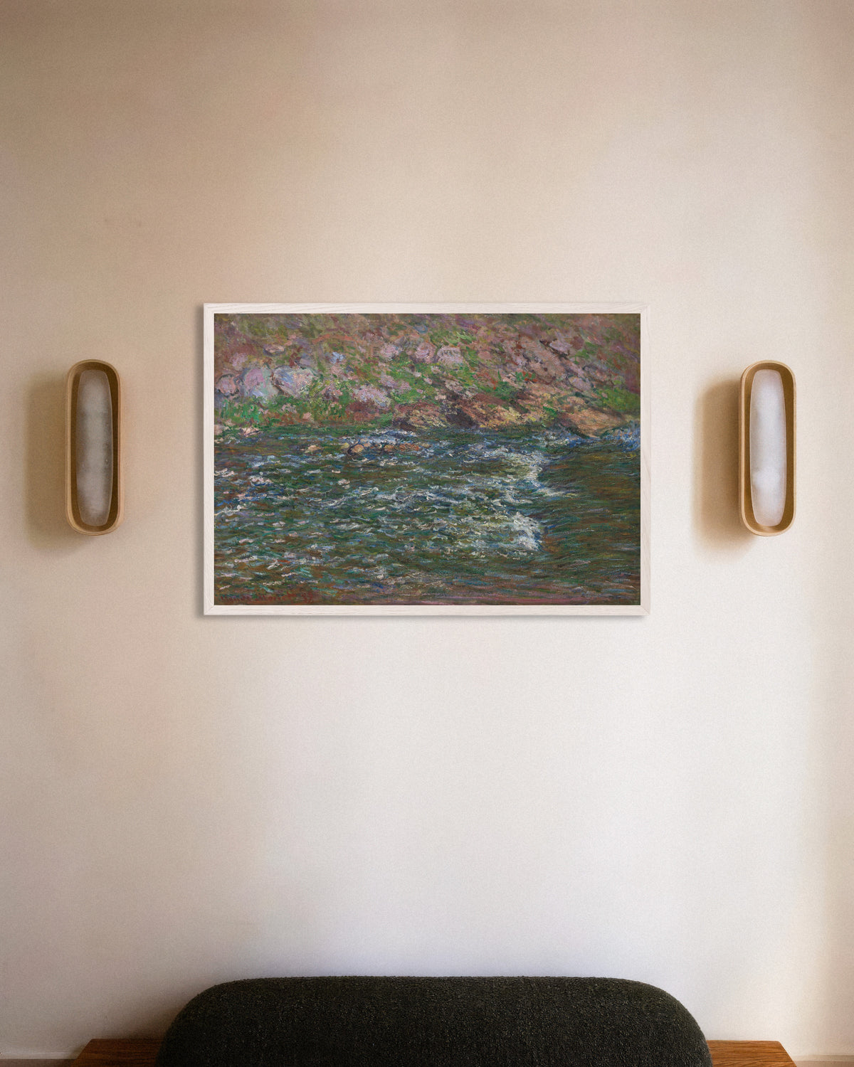 Poster Rápidos no Petite Creuse em Fresselines (1889), de Claude Monet, com moldura de madeira branca
