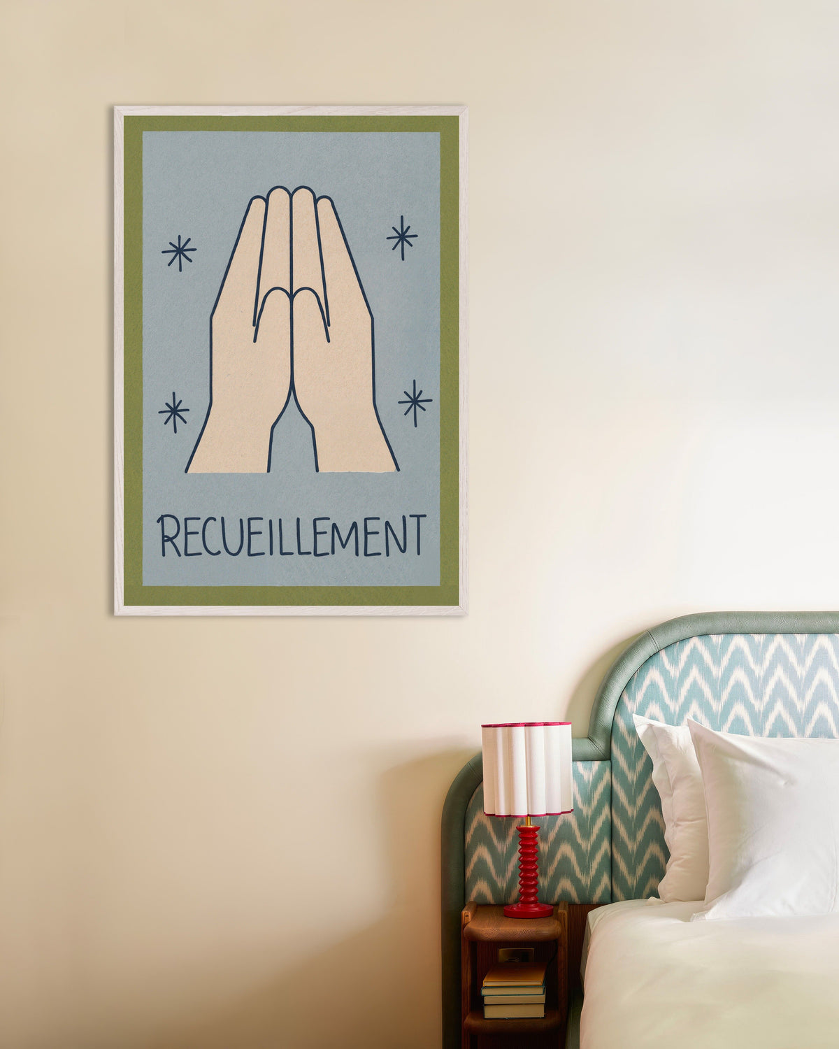 Poster de Recueillement - Arte linear minimalista, com moldura de madeira branca
