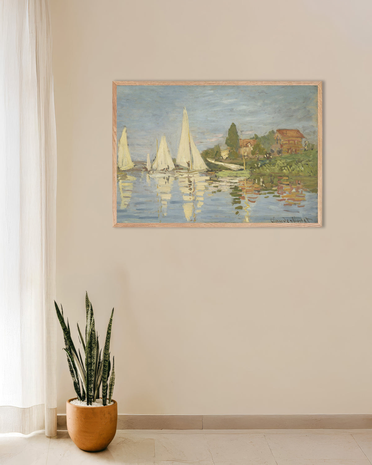 Poster Regatas em Argenteuil (c. 1872), de Claude Monet, com moldura de madeira natural
