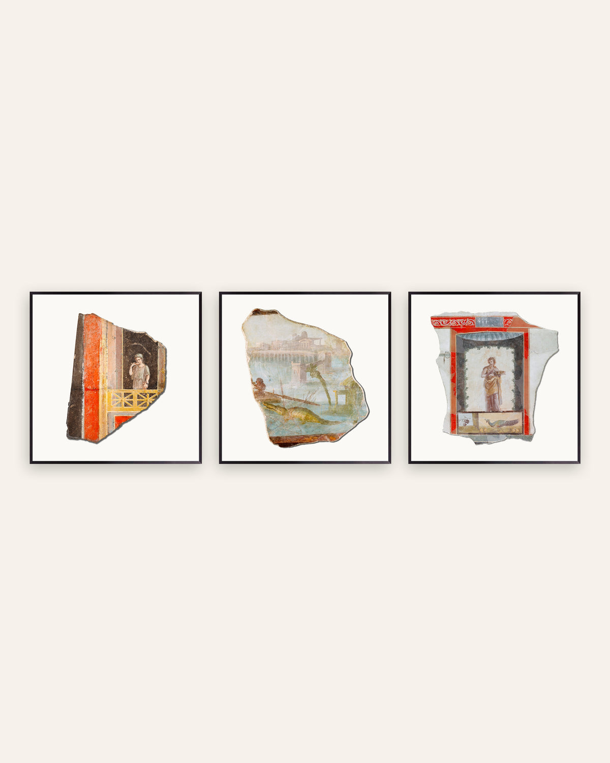 Posters de fragmentos de frescos romanos, conjunto de 3: varanda, Nilo e pavão, com molduras de metal preto