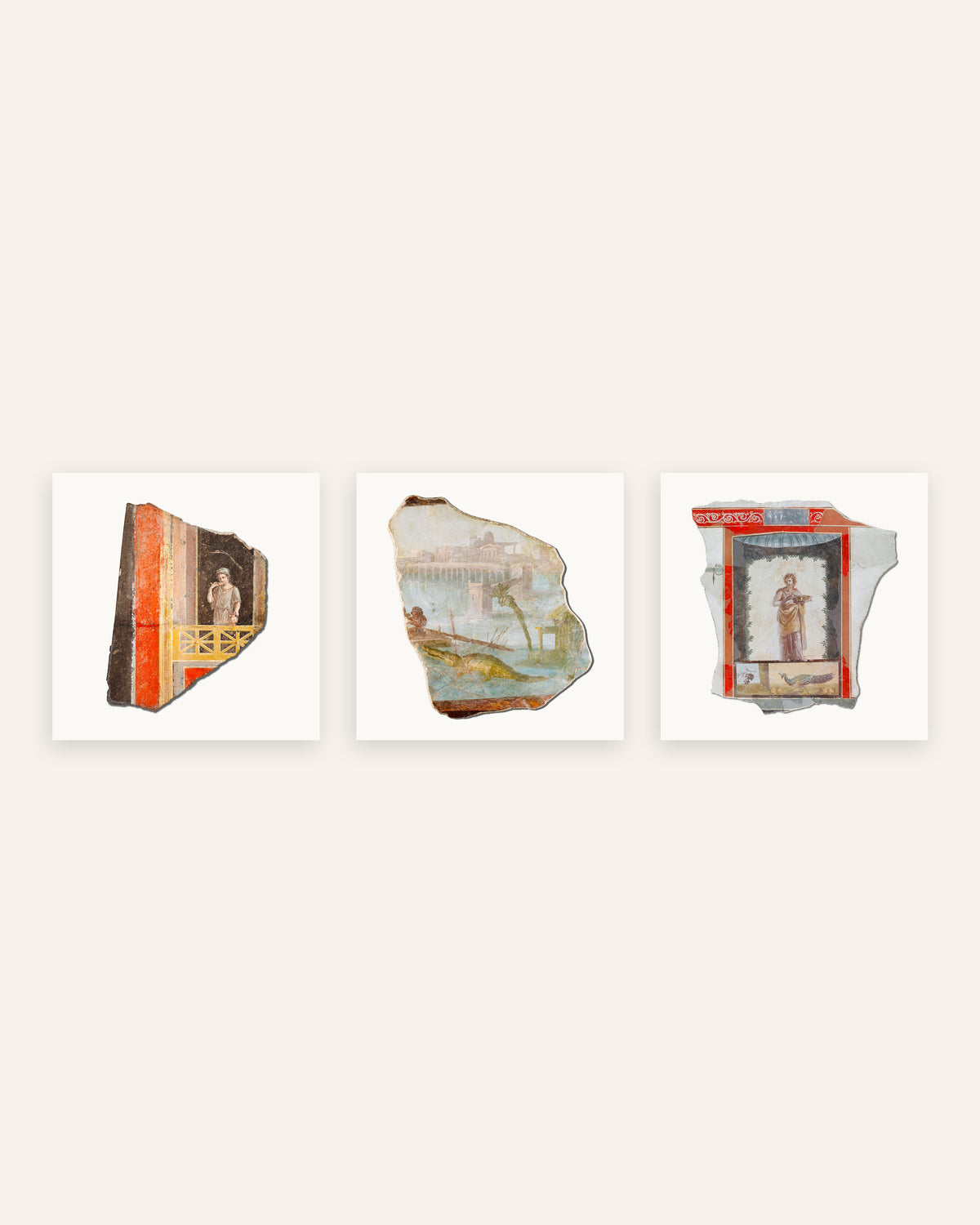 Posters de fragmentos de frescos romanos, conjunto de 3: varanda, Nilo e pavão, sem moldura