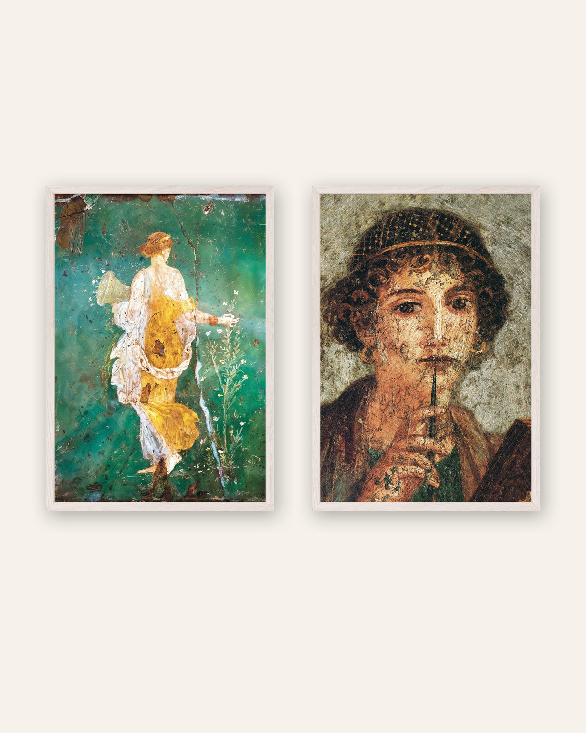 Conjunto de 2 posters de frescos romanos, Flora e Safo, com molduras de madeira branca
