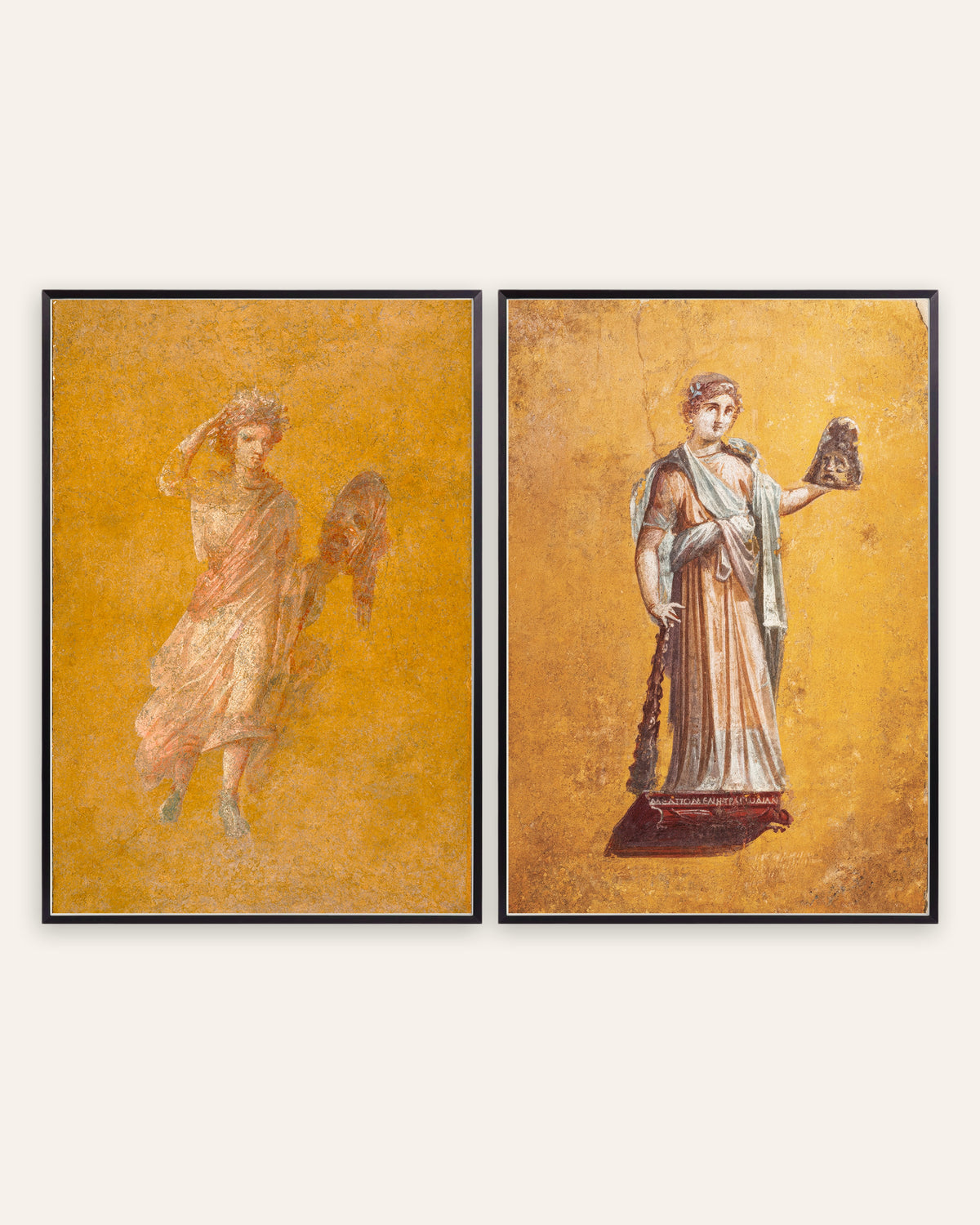 Posters de frescos romanos, conjunto de 2: Melpómene, musa da tragédia, com molduras de metal preto