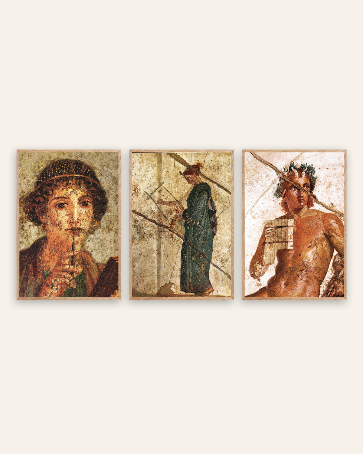 Posters de frescos romanos, conjunto de 3: poesia e música, Safo, lira e Pã, com molduras de carvalho natural