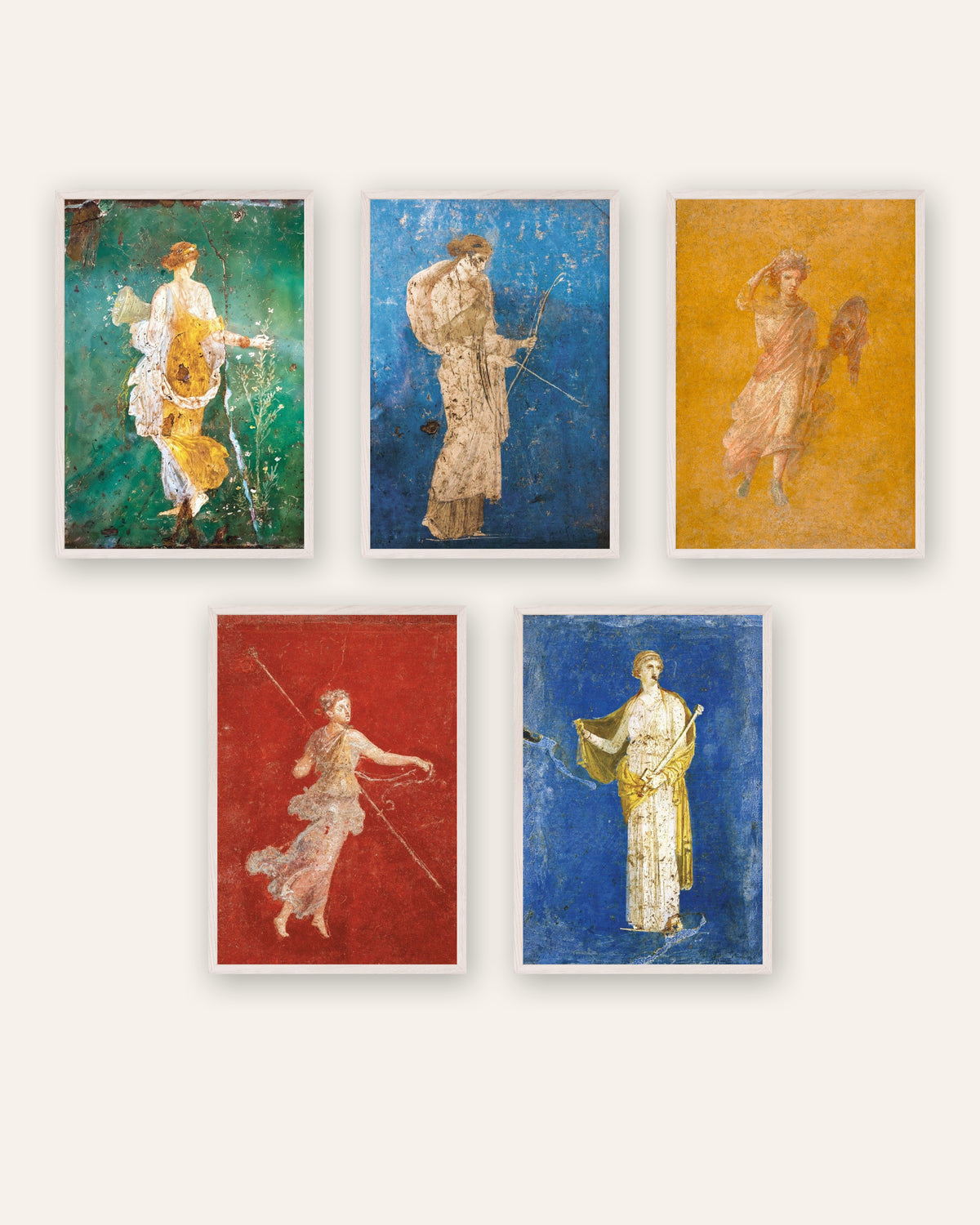 Conjunto de 5 posters de frescos romanos, Flora, Ártemis, Melpómene, Ménade e Medeia, com molduras de madeira branca