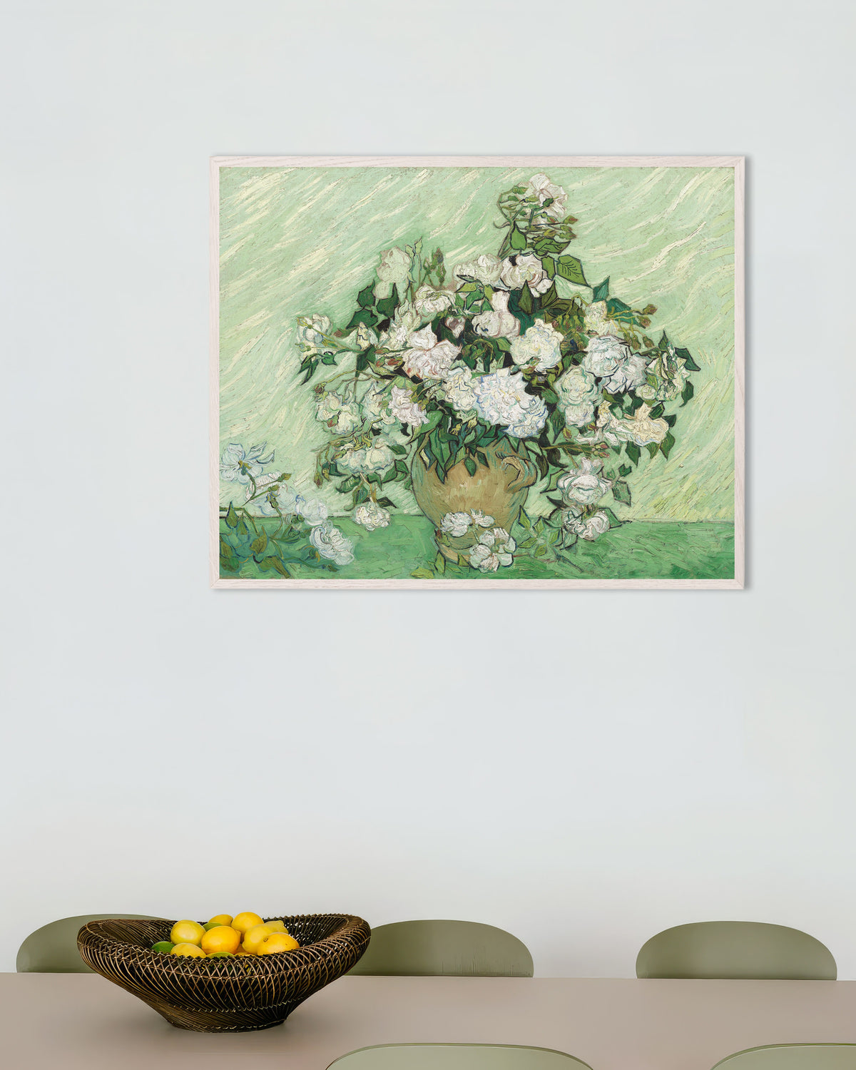 Poster de Rosas (1890), de Vincent van Gogh, com moldura de madeira branca
