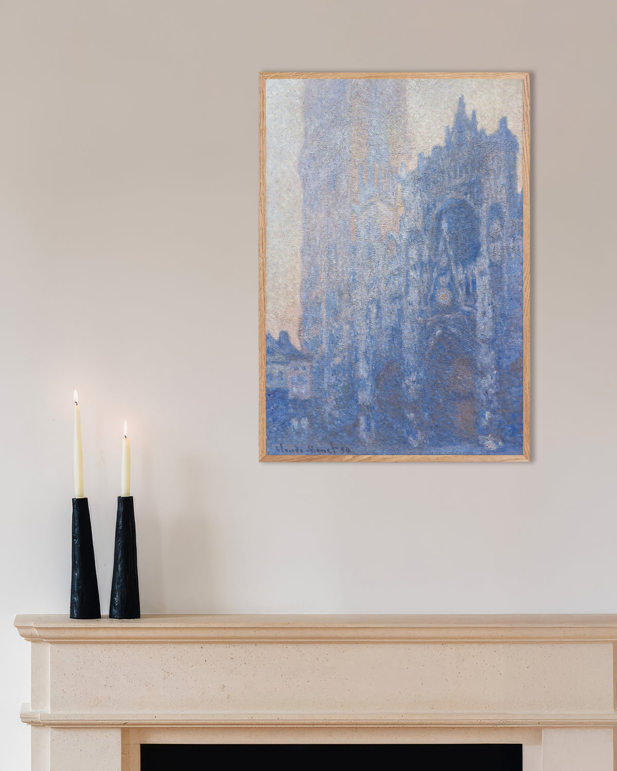 Poster A Catedral de Rouen, o Portal e a Torre de Albane, Efeito da Manhã (1894), de Claude Monet, com moldura de madeira natural
