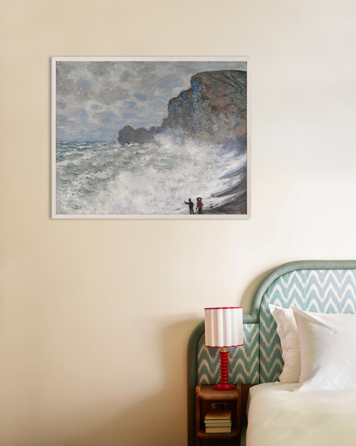 Poster Tempestade em Étretat (1883), de Claude Monet, com moldura de madeira branca
