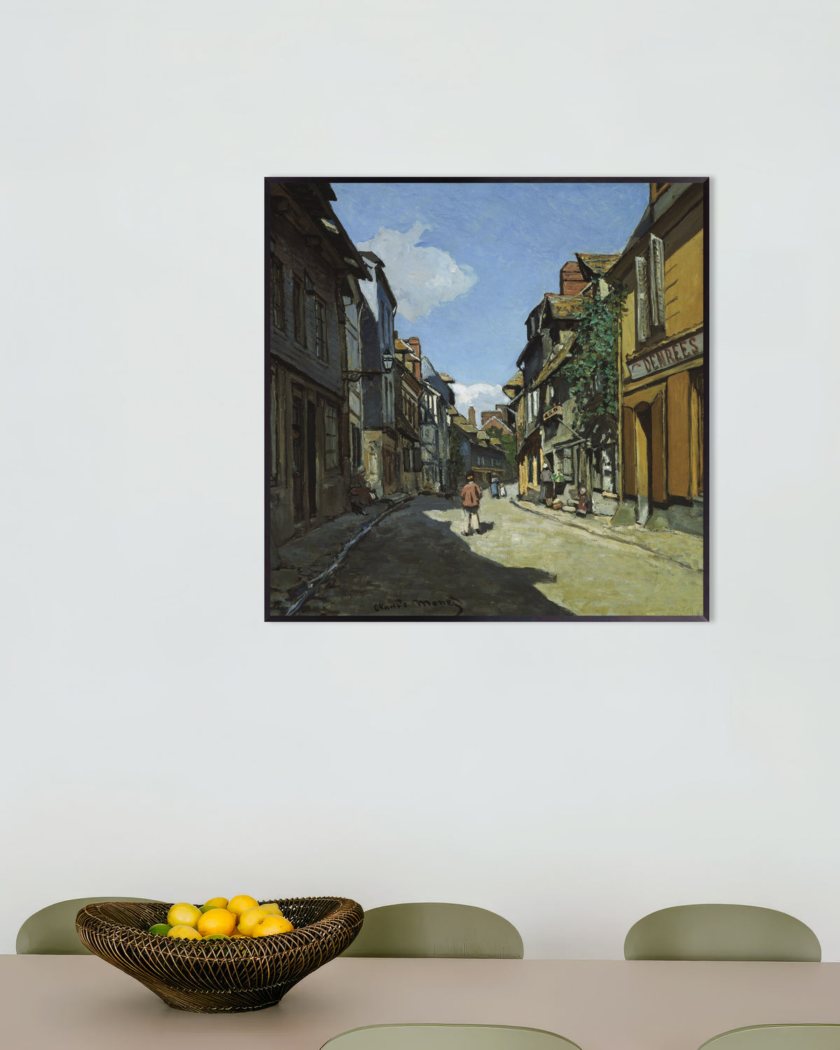 Poster A Rue de la Bavole em Honfleur (1864), de Claude Monet, com moldura de metal