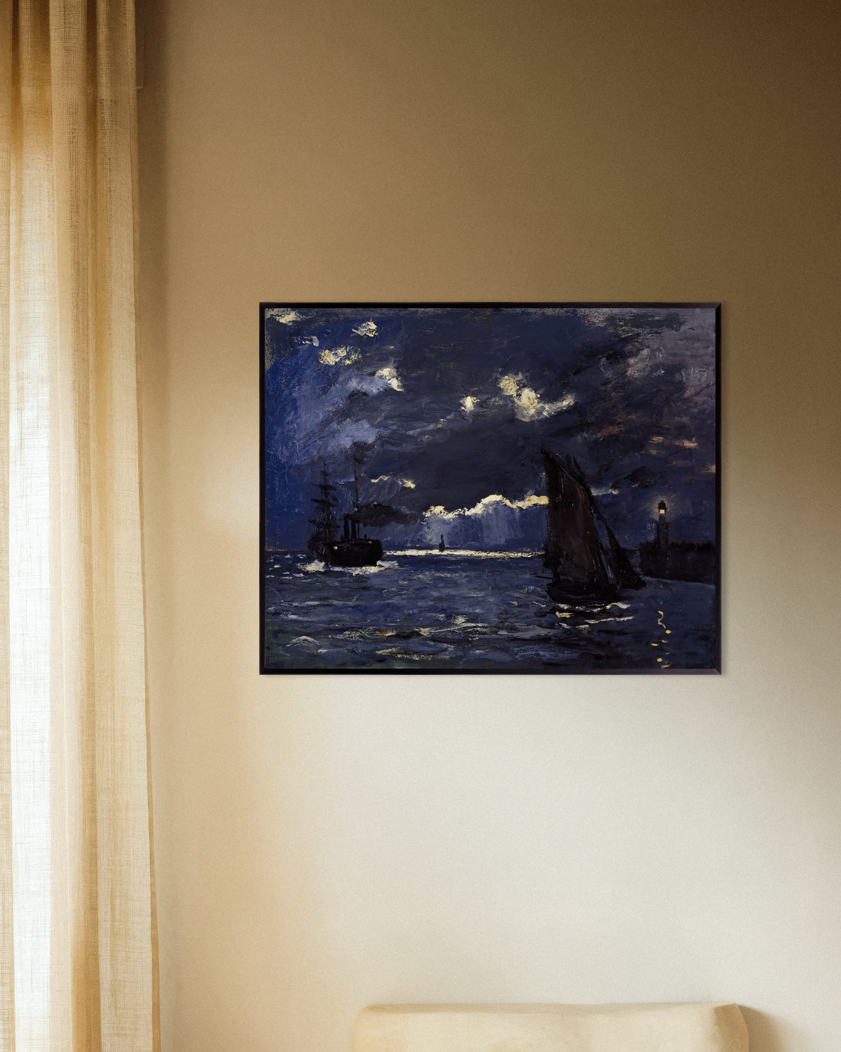 Poster Marinha, Navios ao Luar (1864), de Claude Monet, com moldura de metal