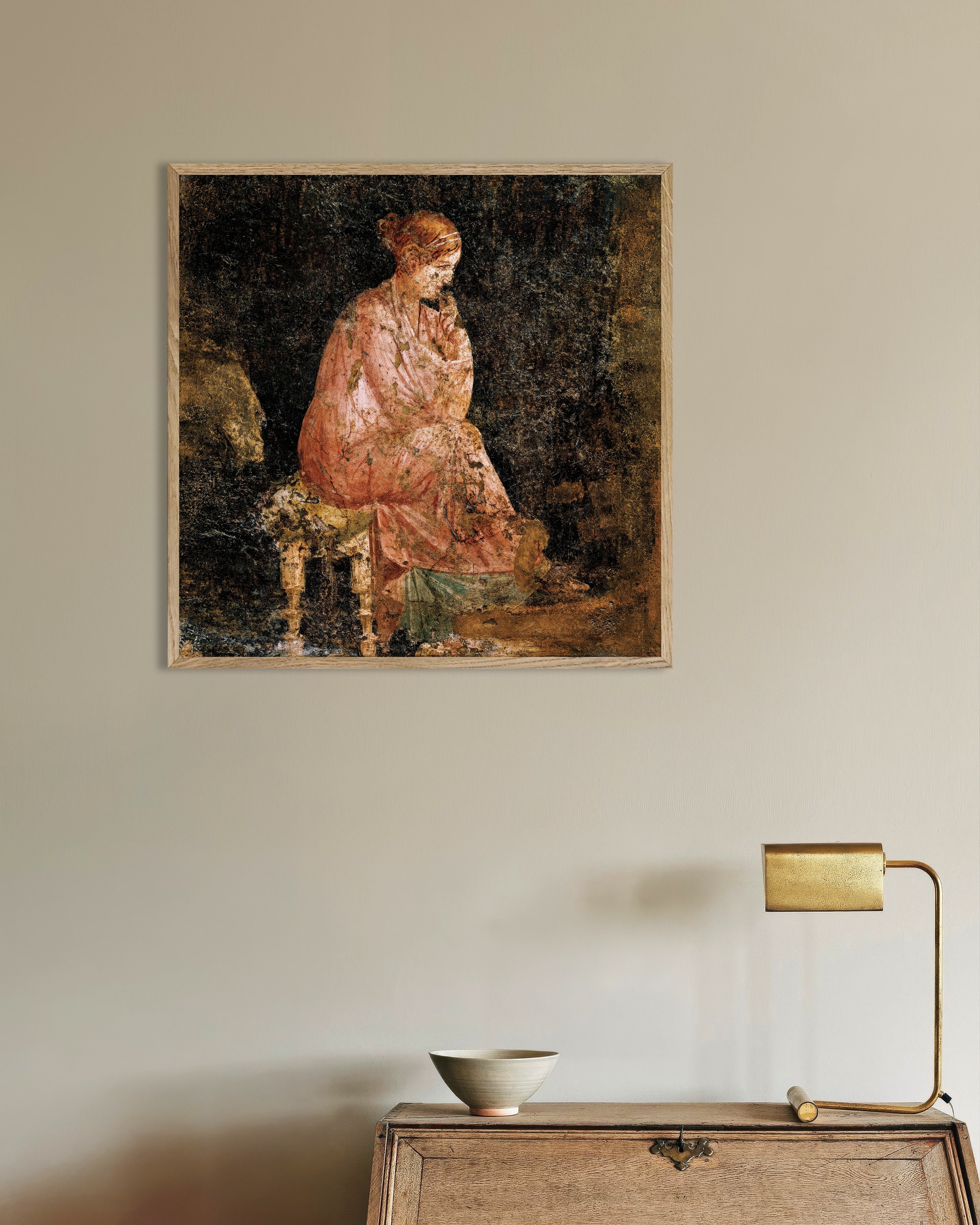 Poster of Seated woman fresco detail poster, with natural wooden frame