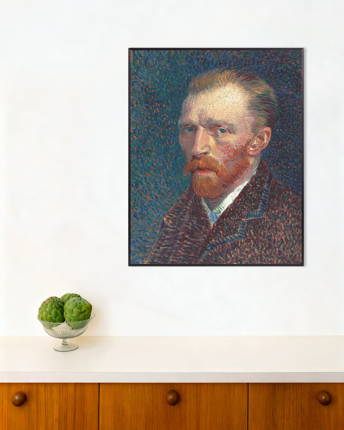 Poster de Autorretrato sobre Fundo Azul com Pontos (1887), de Vincent van Gogh, com moldura metálica
