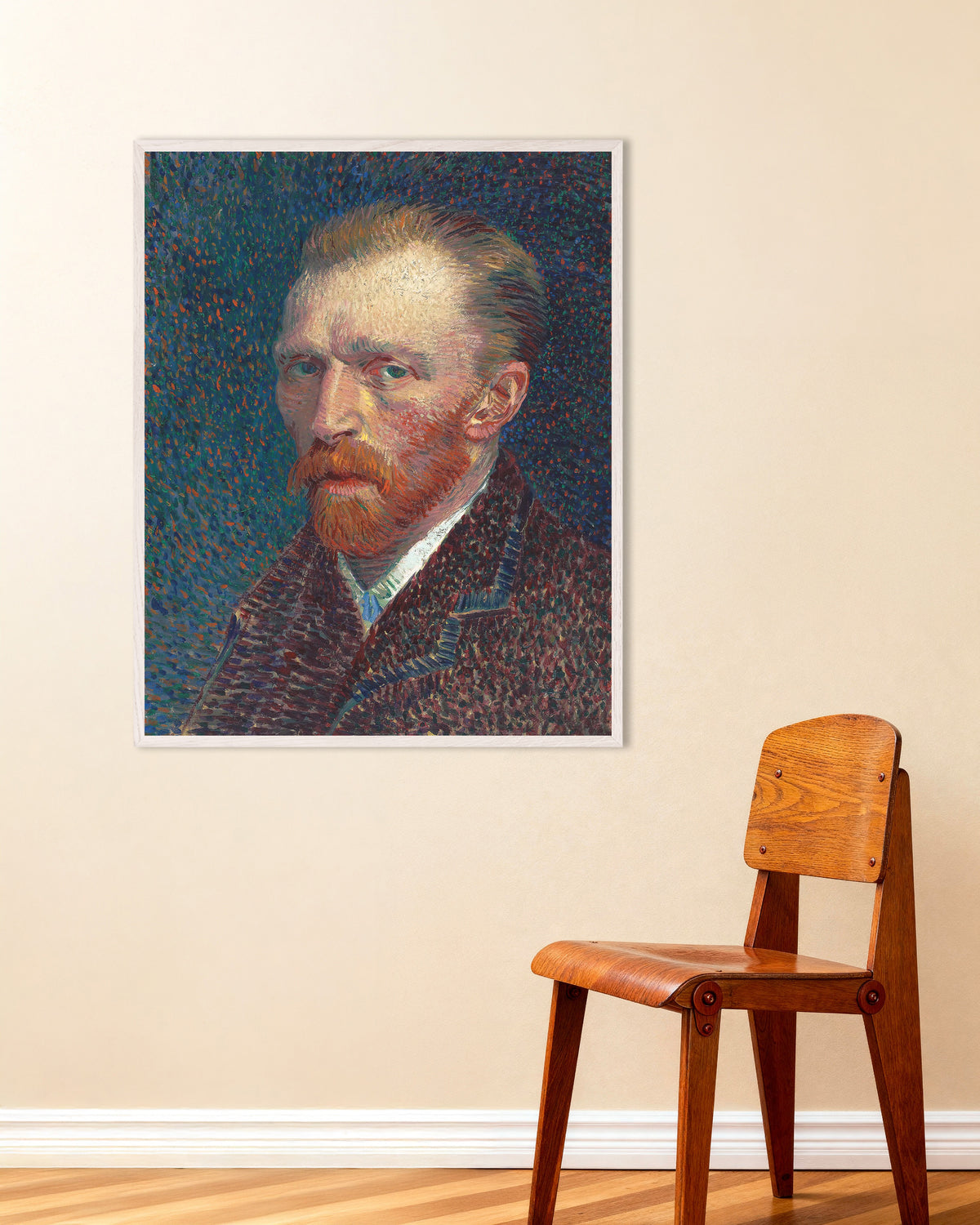 Poster de Autorretrato sobre Fundo Azul com Pontos (1887), de Vincent van Gogh, com moldura branca de madeira