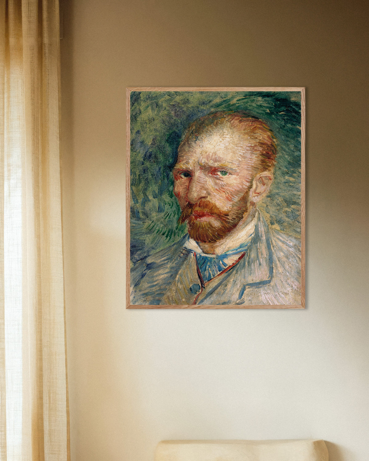 Poster de Autorretrato sobre um Fundo Verde (1886), de Vincent van Gogh, com moldura de madeira natural