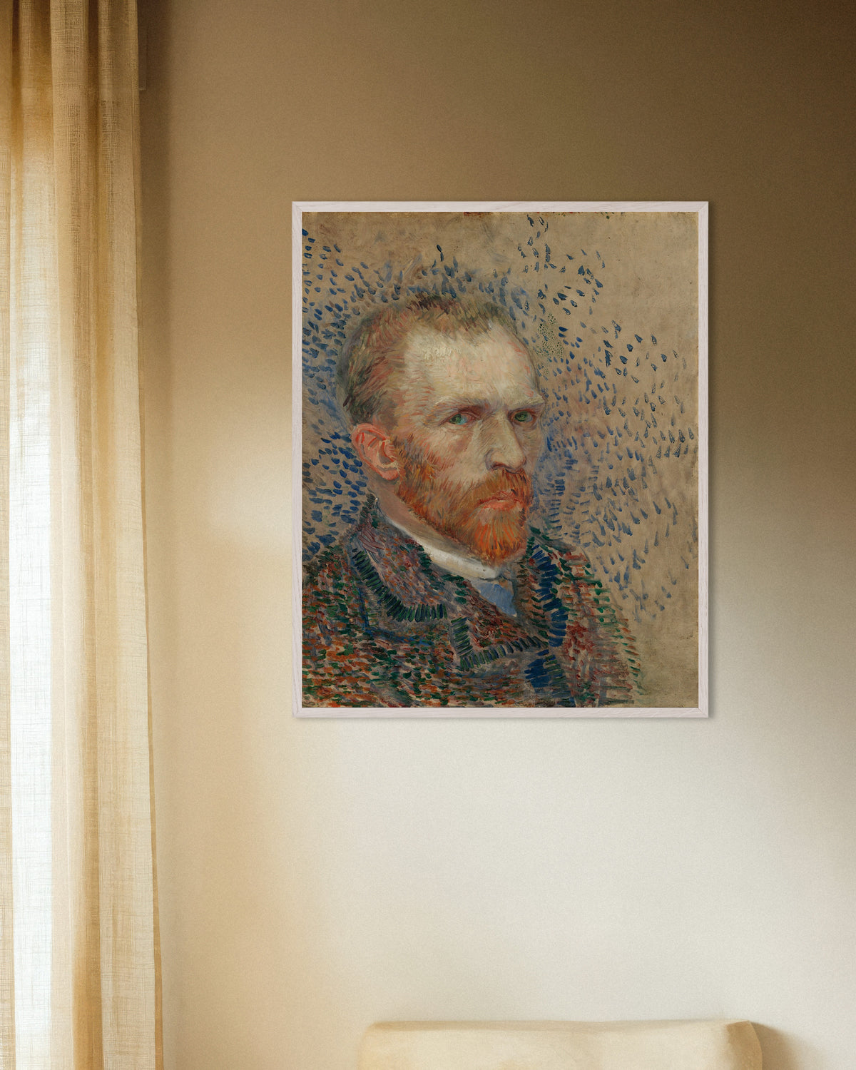 Poster de Autorretrato com Traços Azuis (1887), de Vincent van Gogh, com moldura de madeira branca