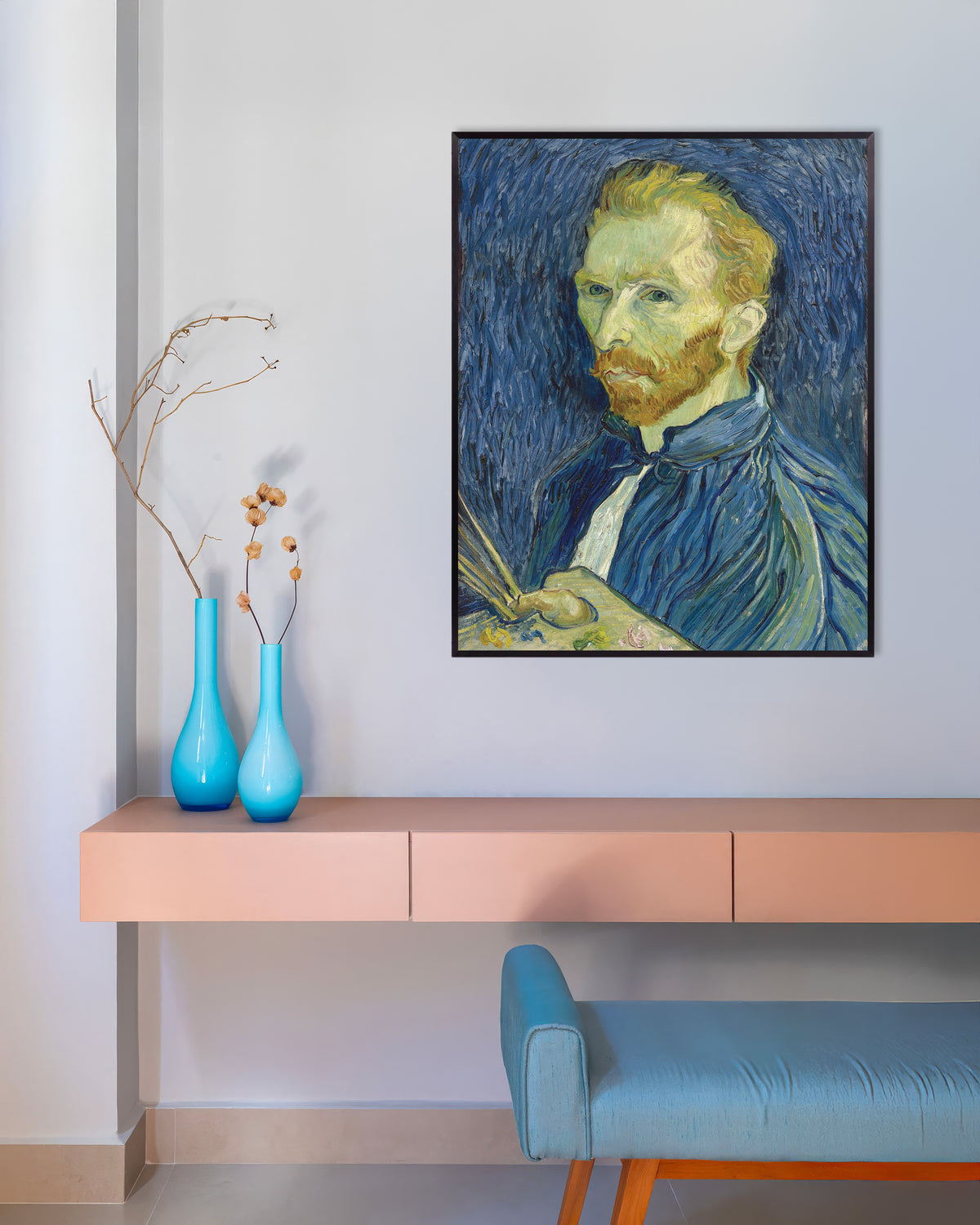 Poster de Autorretrato com Paleta (1889), de Vincent van Gogh, com moldura metálica