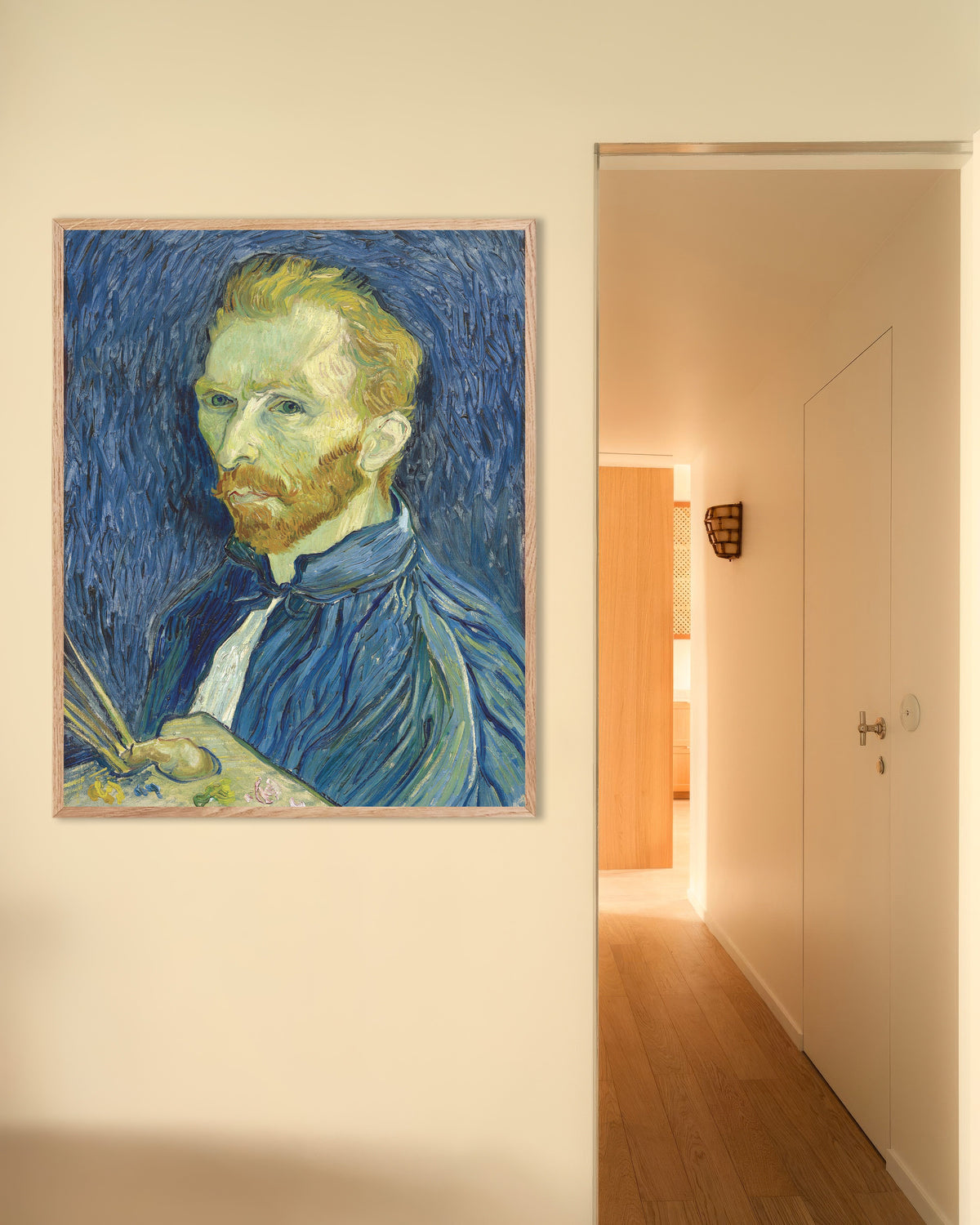 Poster de Autorretrato com Paleta (1889), de Vincent van Gogh, com moldura de madeira natural