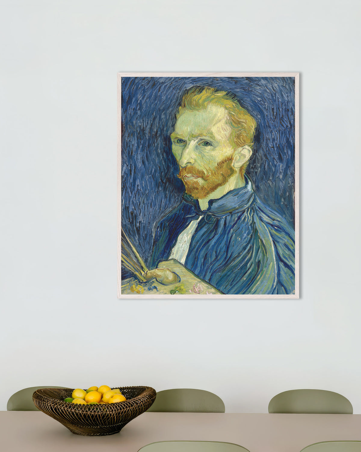 Poster de Autorretrato com Paleta (1889), de Vincent van Gogh, com moldura de madeira branca