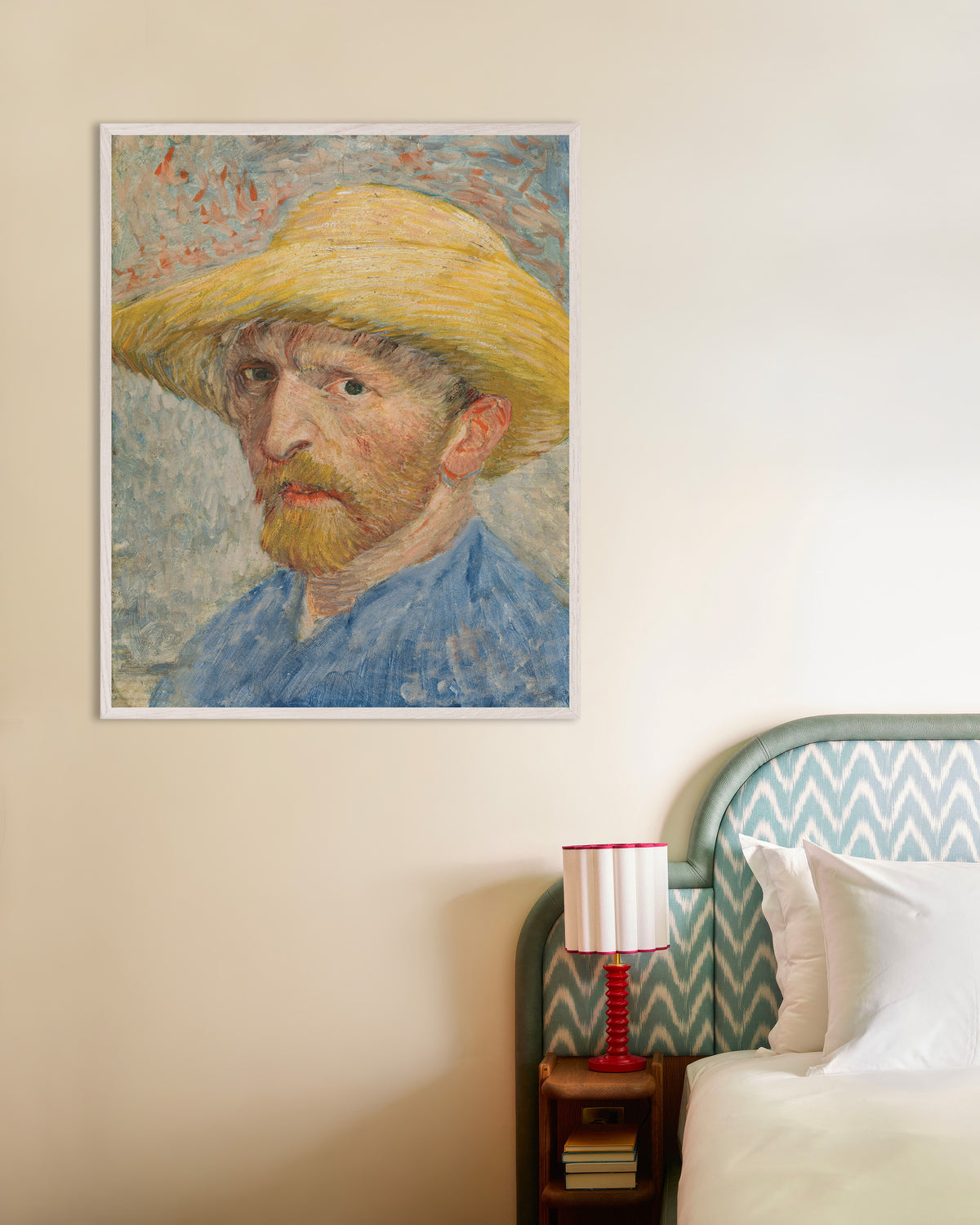 Poster Autorretrato com chapéu de palha e blusa azul (1887), de Vincent van Gogh, com moldura de madeira branca